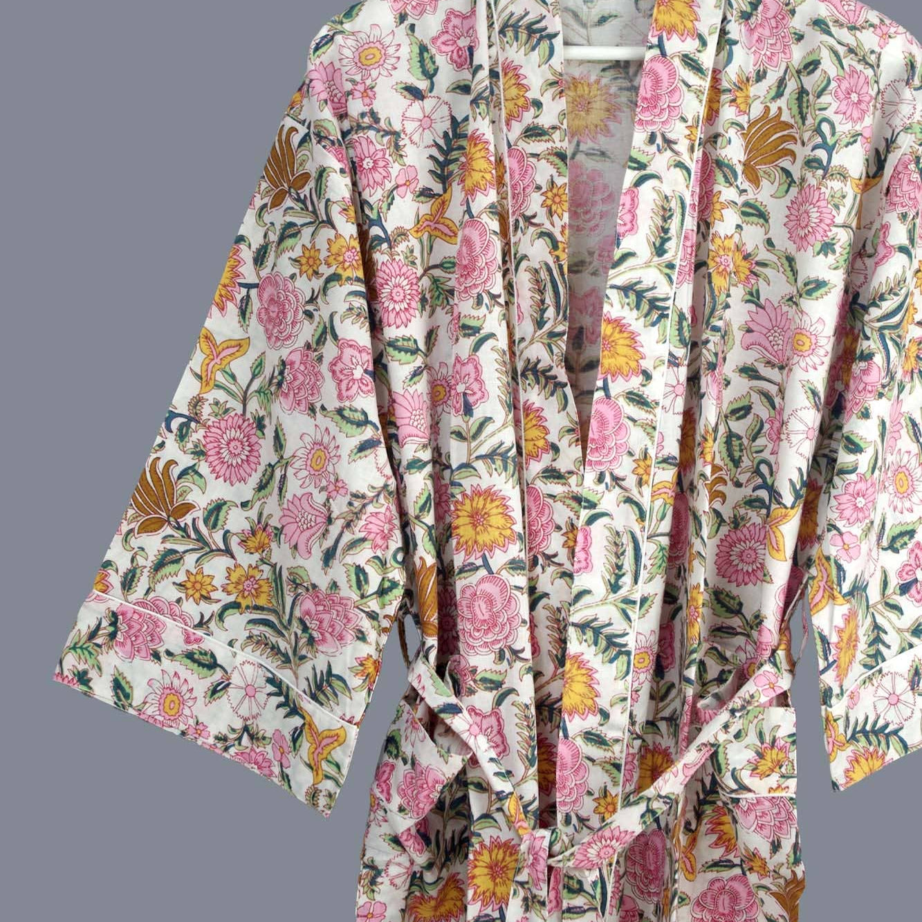 Cotton Kimono Dressing Gown with Pink and Gold Wildflowers