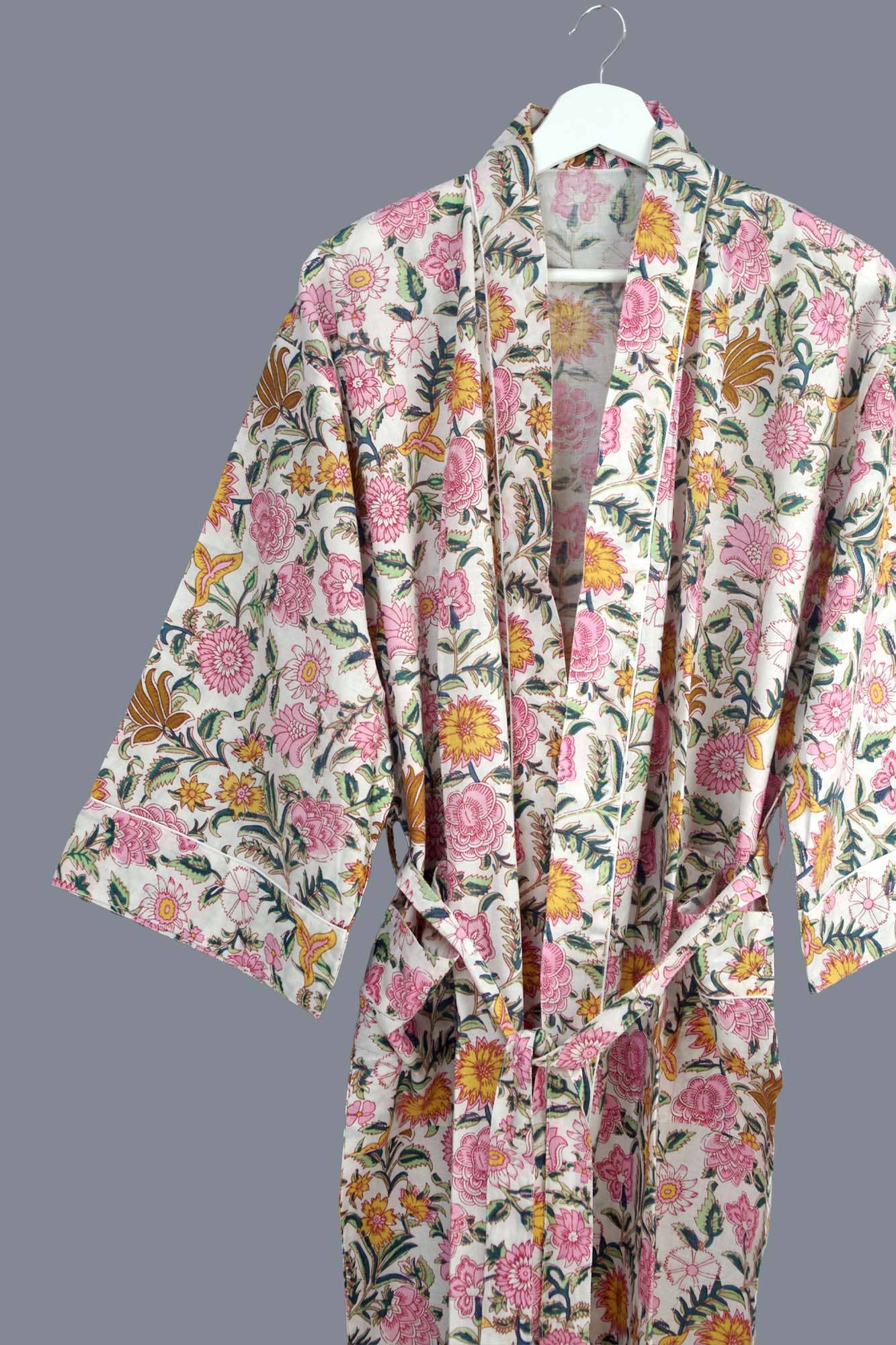 Cotton Kimono Dressing Gown with Pink and Gold Wildflowers
