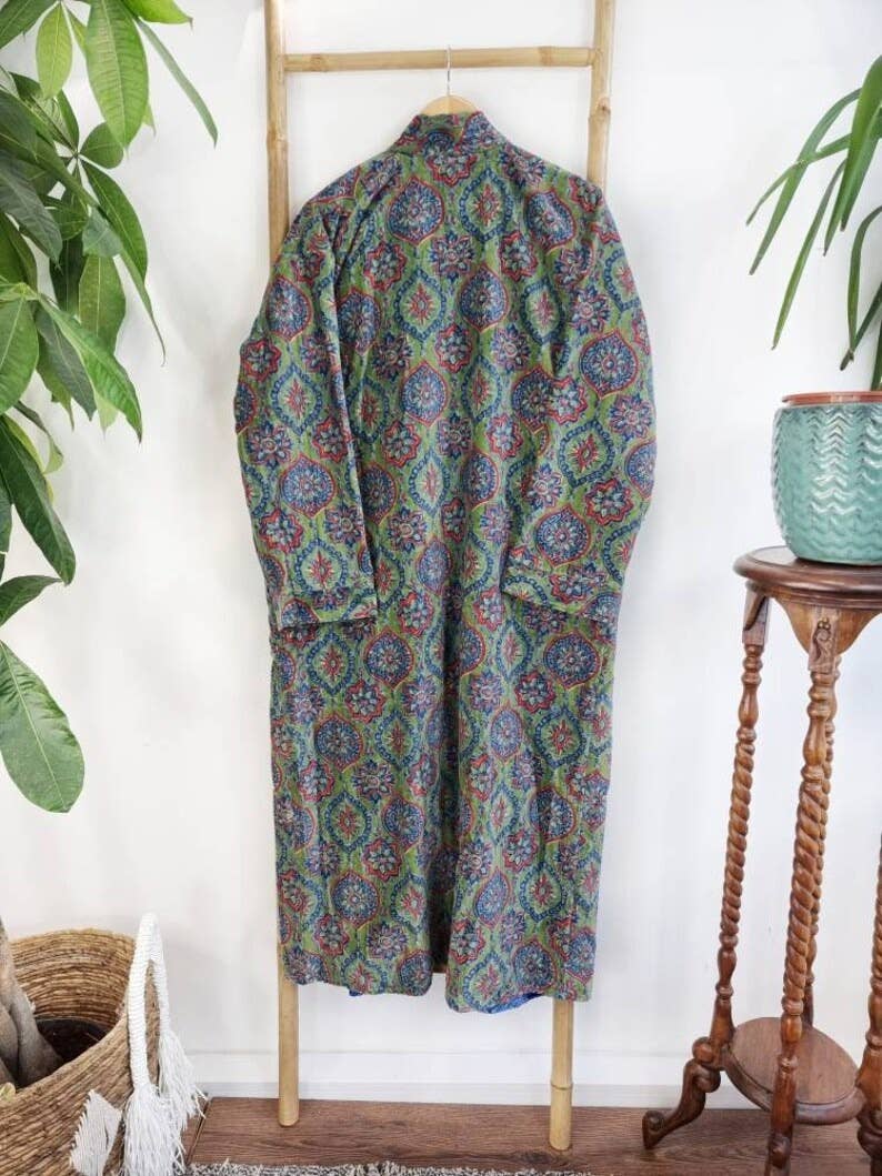 Luxury Velvet  Robe - Fresh Leaf Green Blue Mandala Geometric