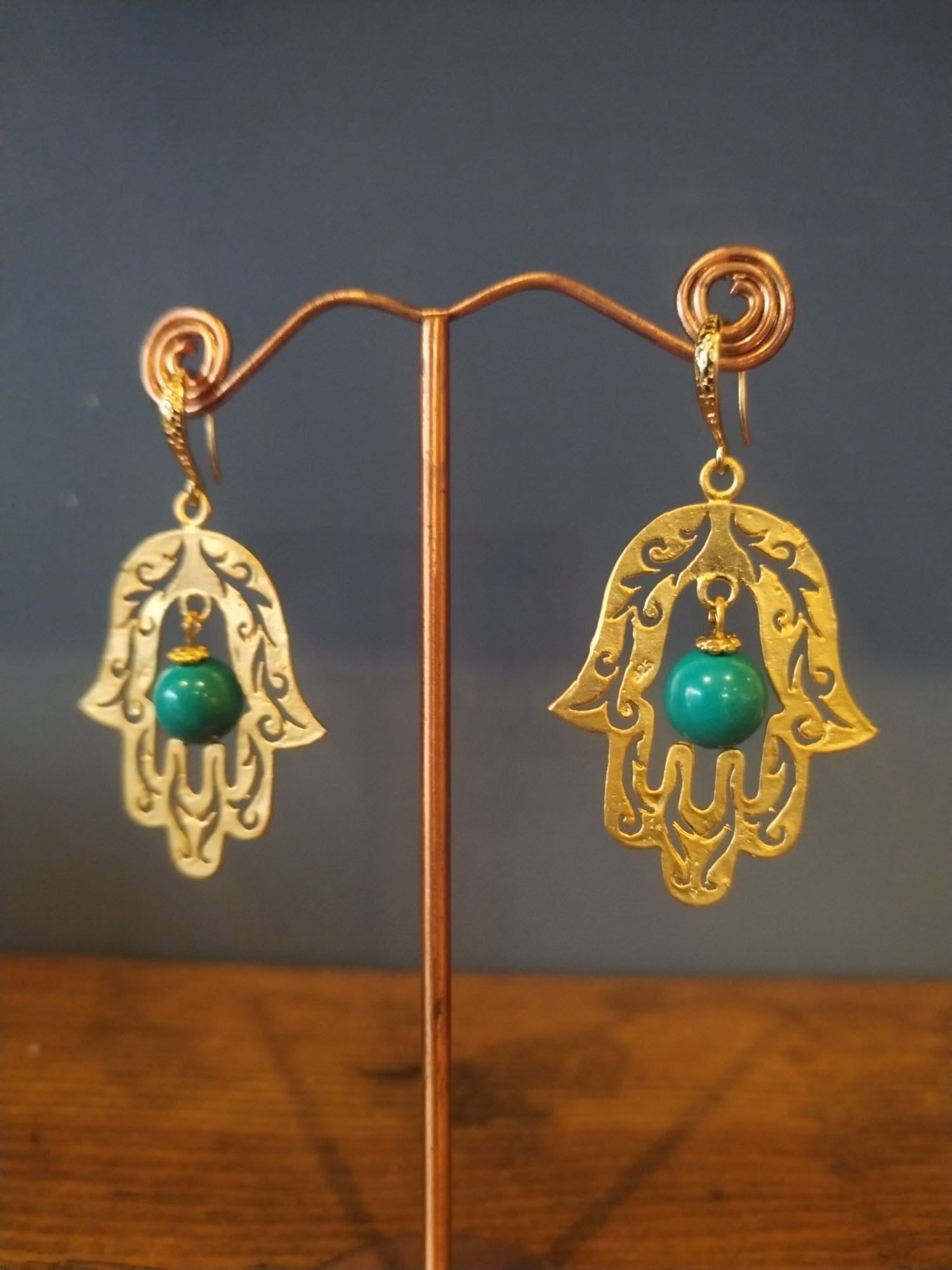 Gold hand Of Hamsa Earrings With Turquoise bead