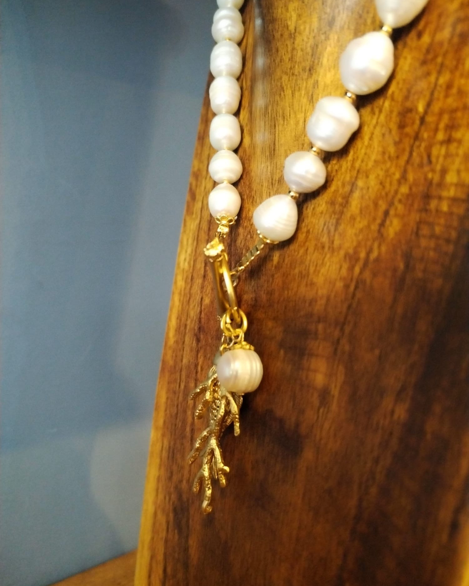 Freshwater Pearl Necklace with Gold Coral and Fish Charm 42cm