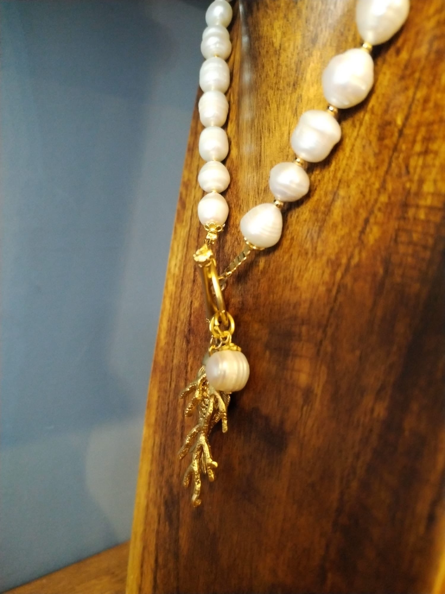 Freshwater Pearl Necklace with Gold Coral and Fish Charm 42cm
