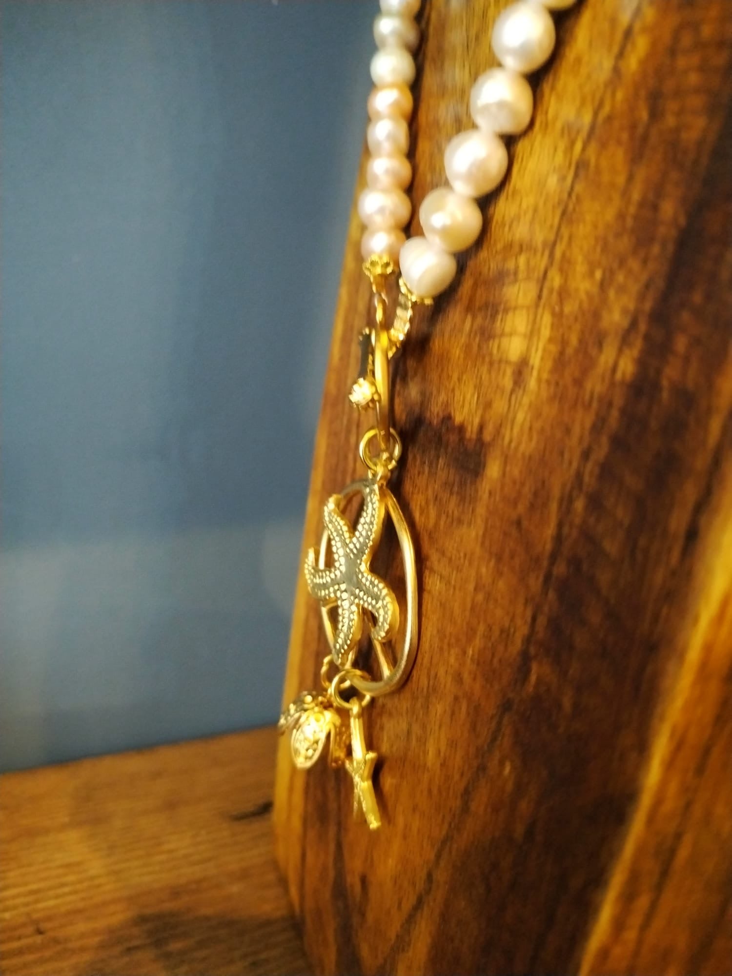 Freshwater Pearl Necklace with Gold Sea Charms 45cm