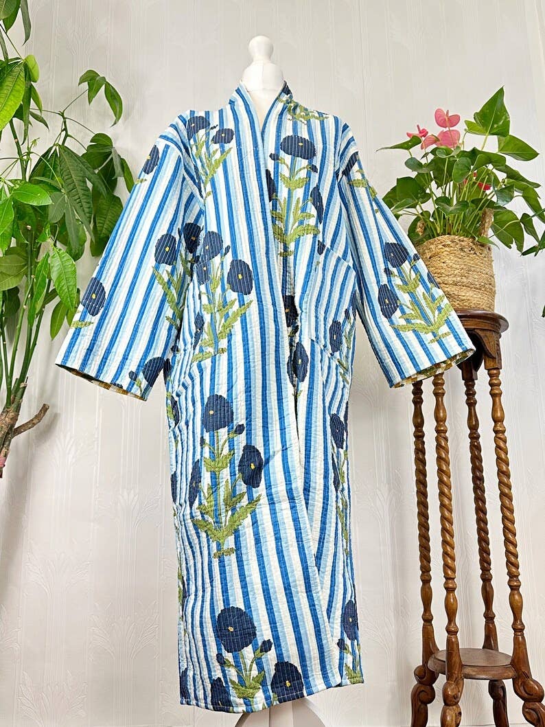 Quilted Cotton Reversible blue & yellow  floral Kimono Robe UK 10 16