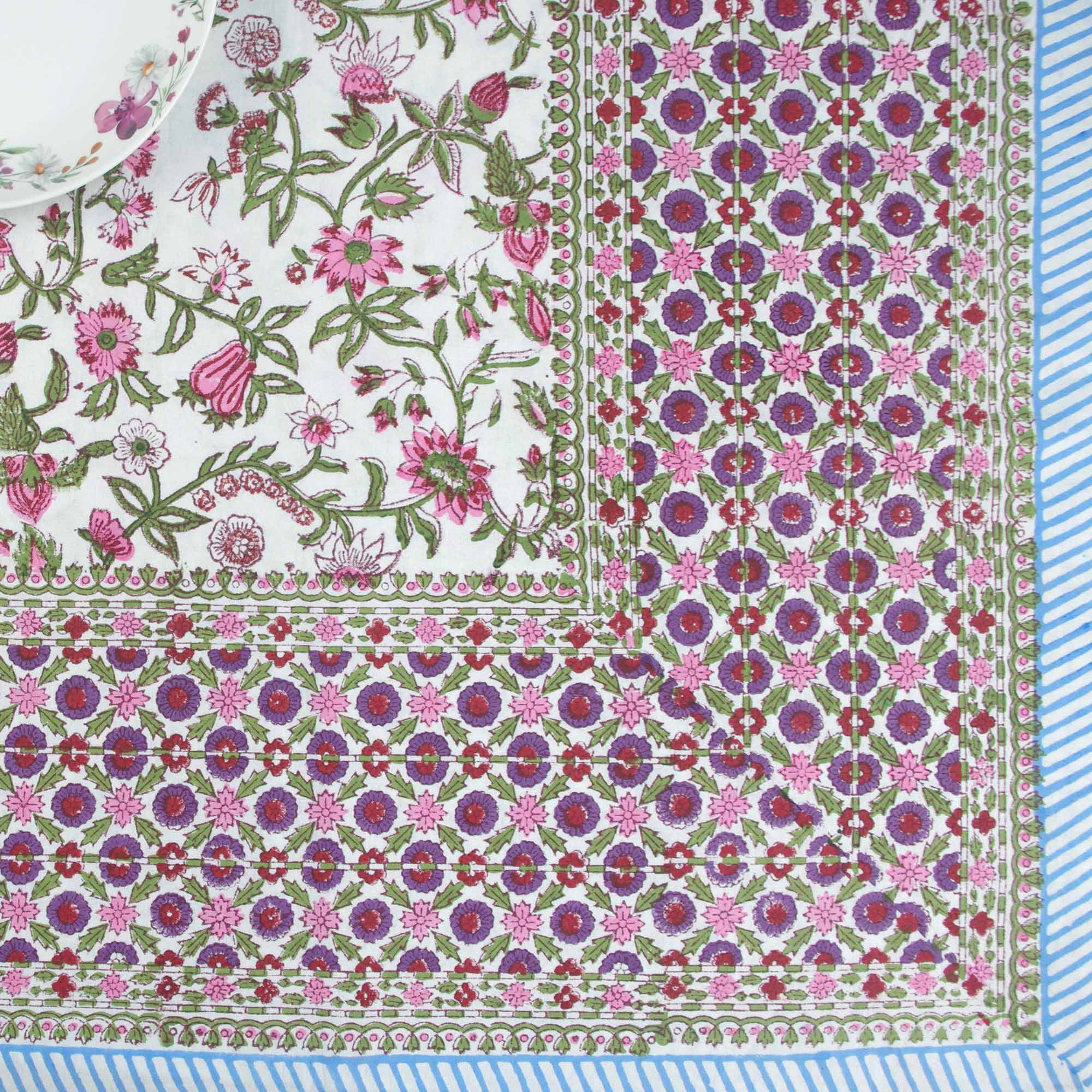 10 Seater Block Printed Tablecloth with Pink Floral Jaal Design