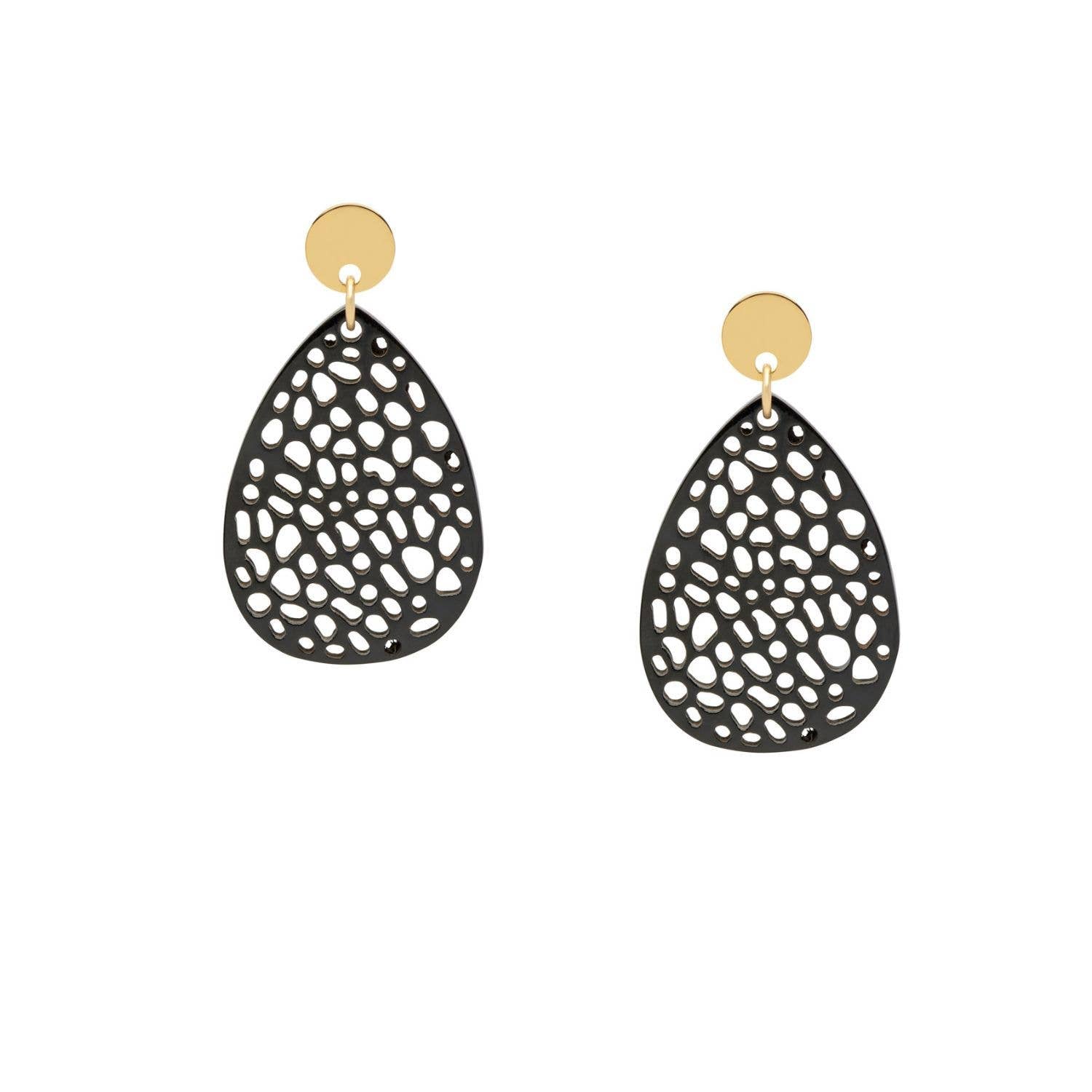 Patra black and Gold teardrop-shaped statement horn earrings
