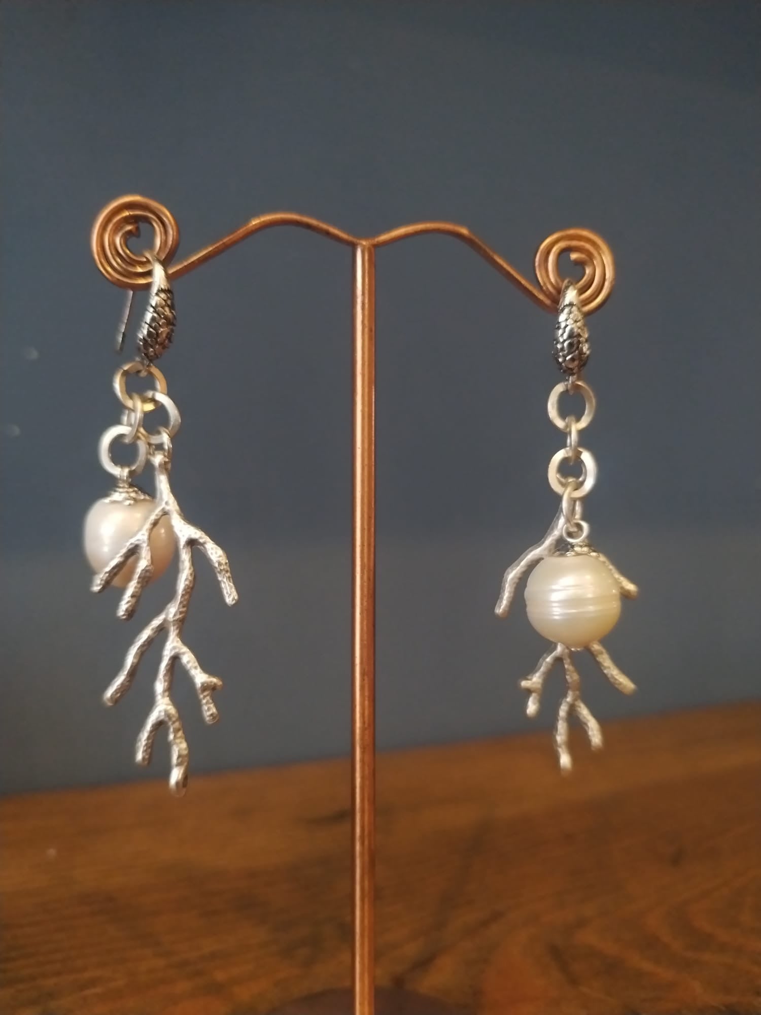 Freshwater Pearl Earrings With Silver Coral Charms