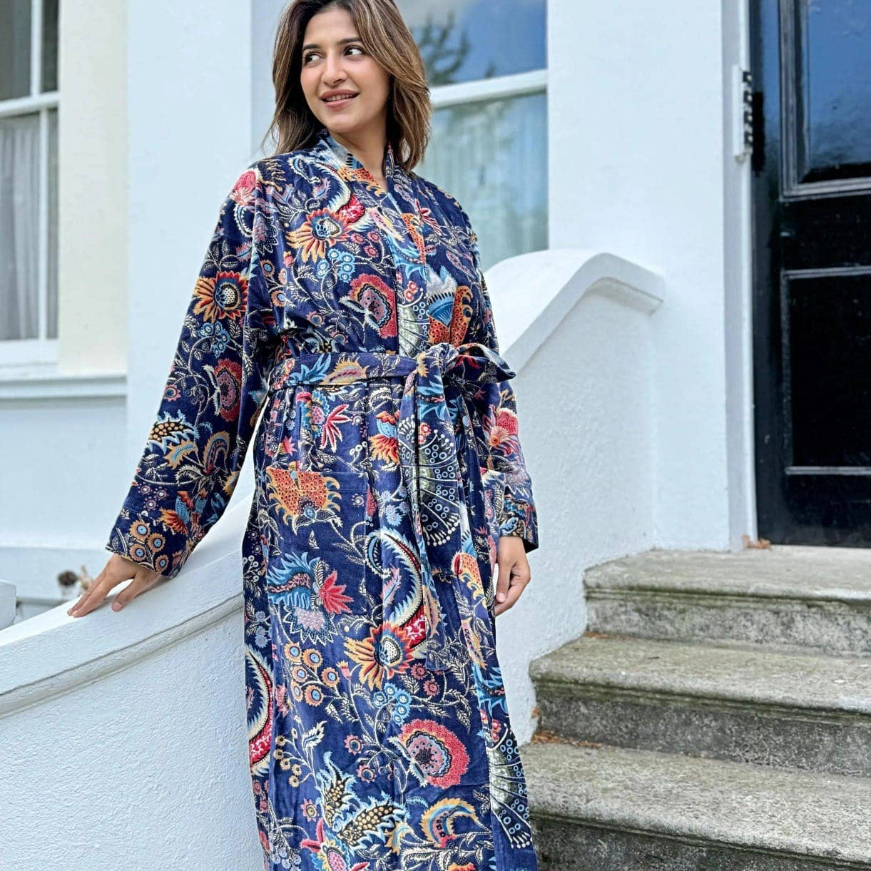 Deep Blue Luxurious Printed Velvet Robe, fully lined