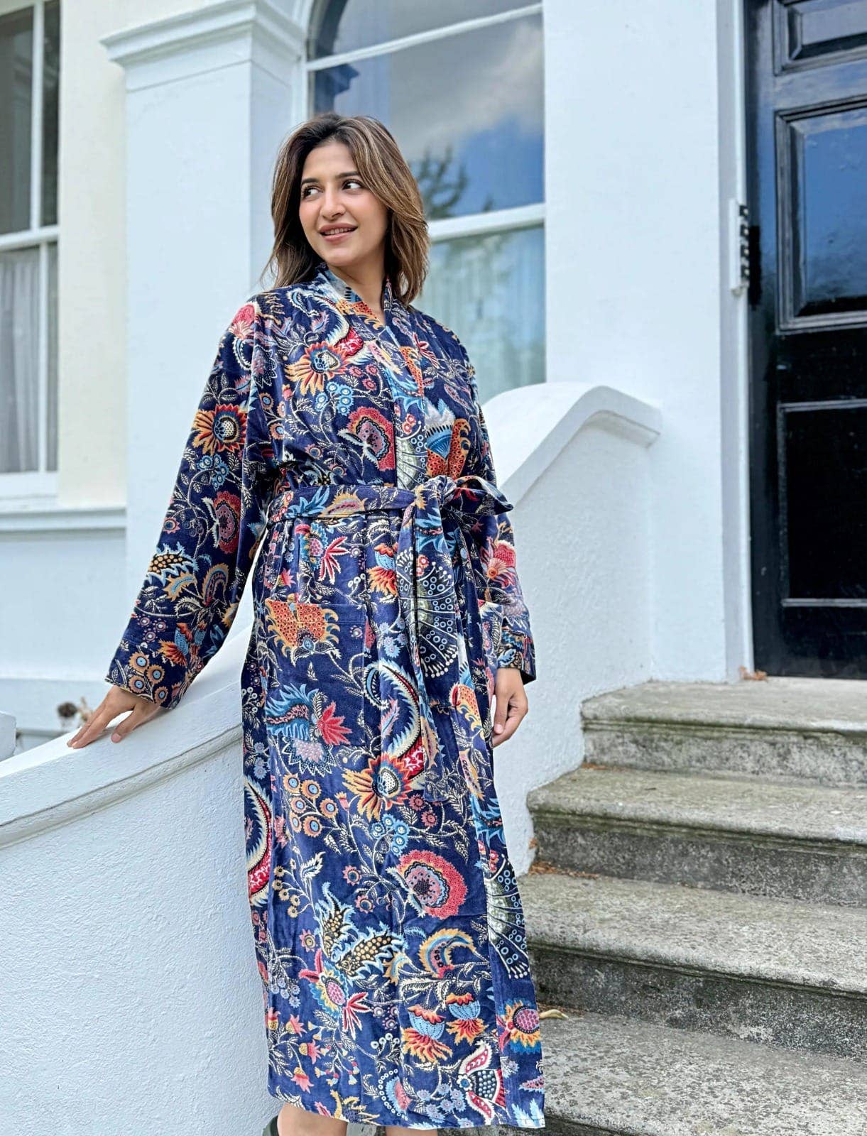 Deep Blue Luxurious Printed Velvet Robe, fully lined