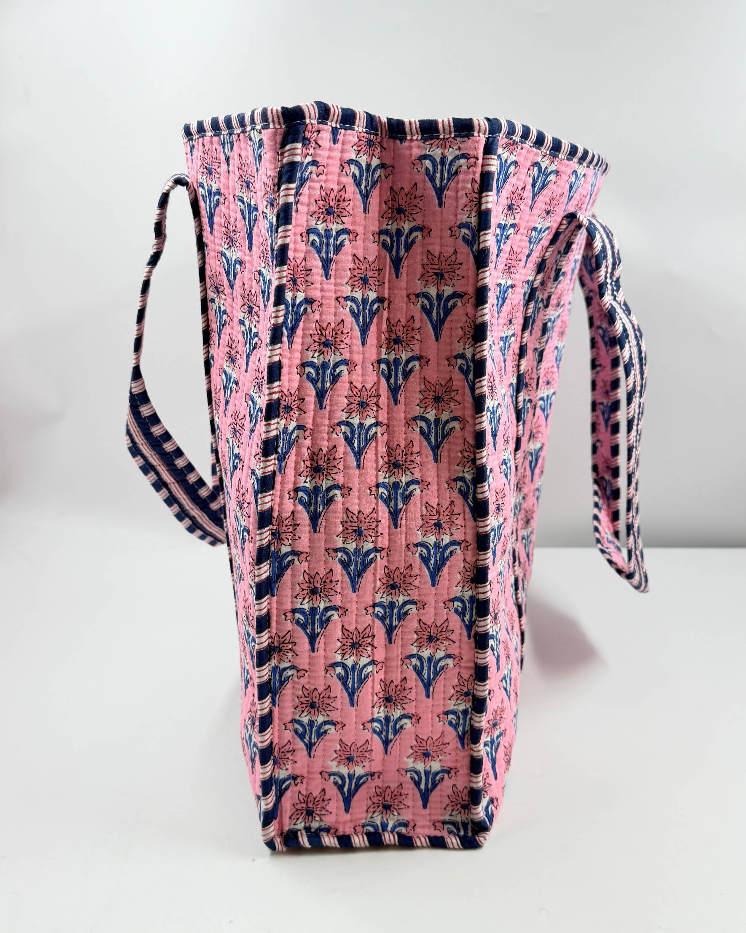 Cotton Quilted Tote Bag Pink & White Floral Block Print
