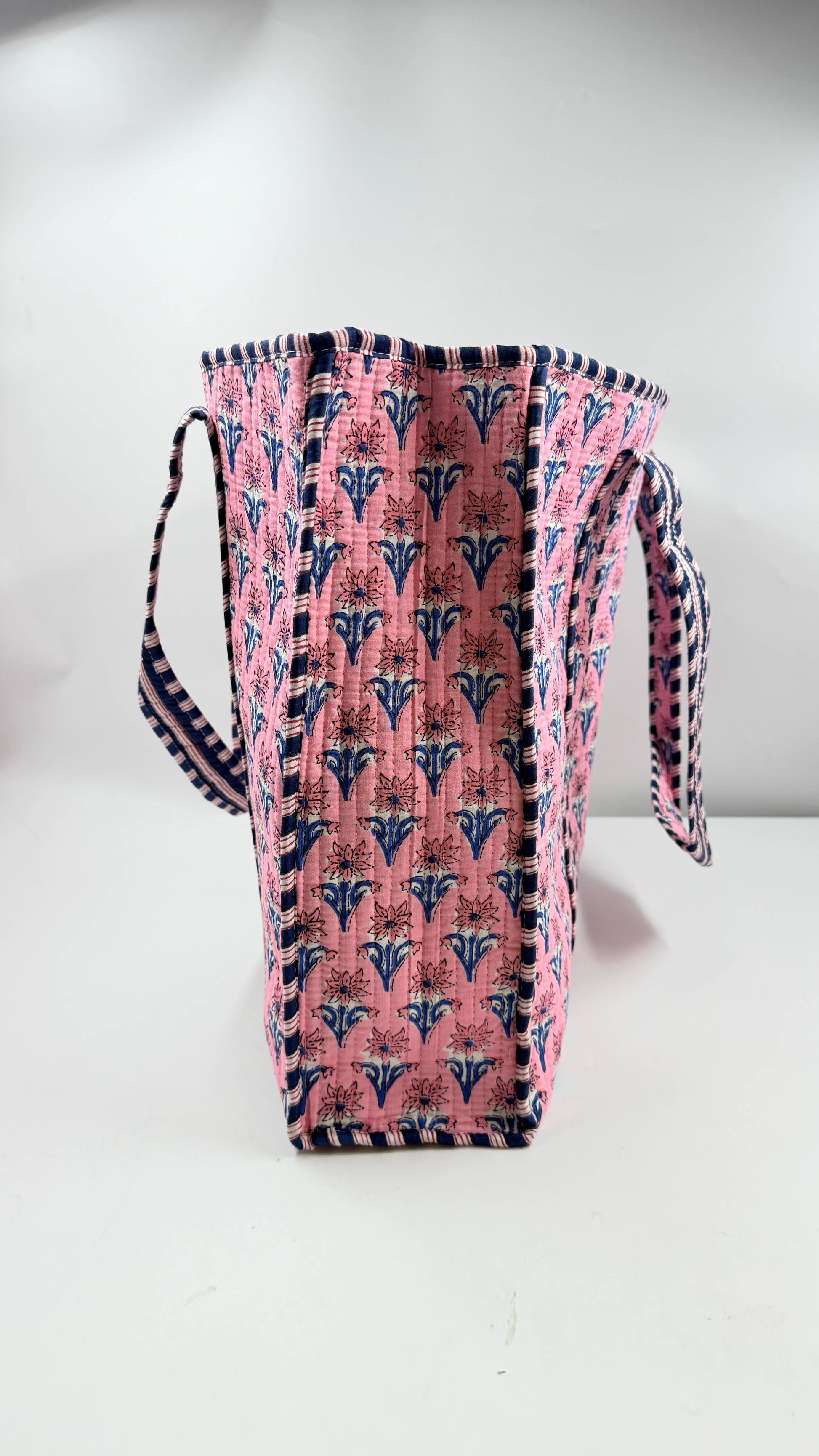 Cotton Quilted Tote Bag Pink & White Floral Block Print