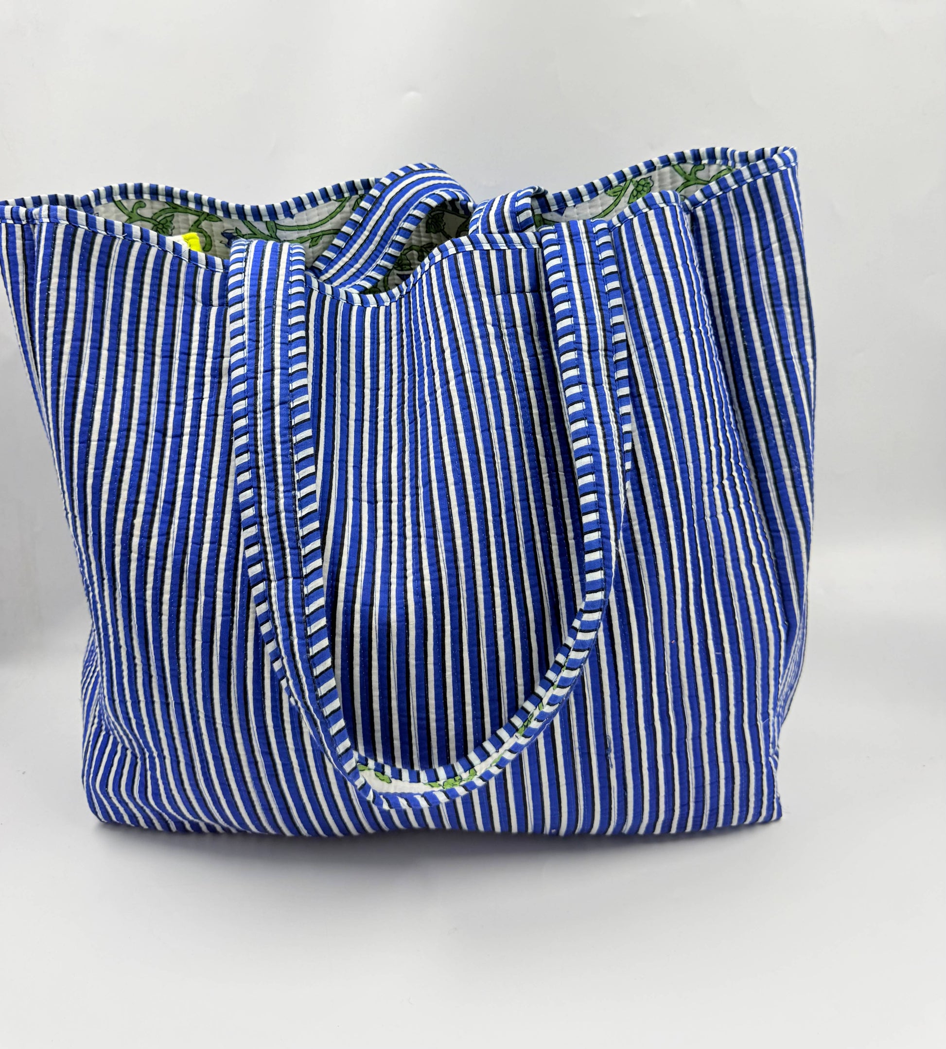 Quilted Cotton Tote Bag with Indigo Floral Print