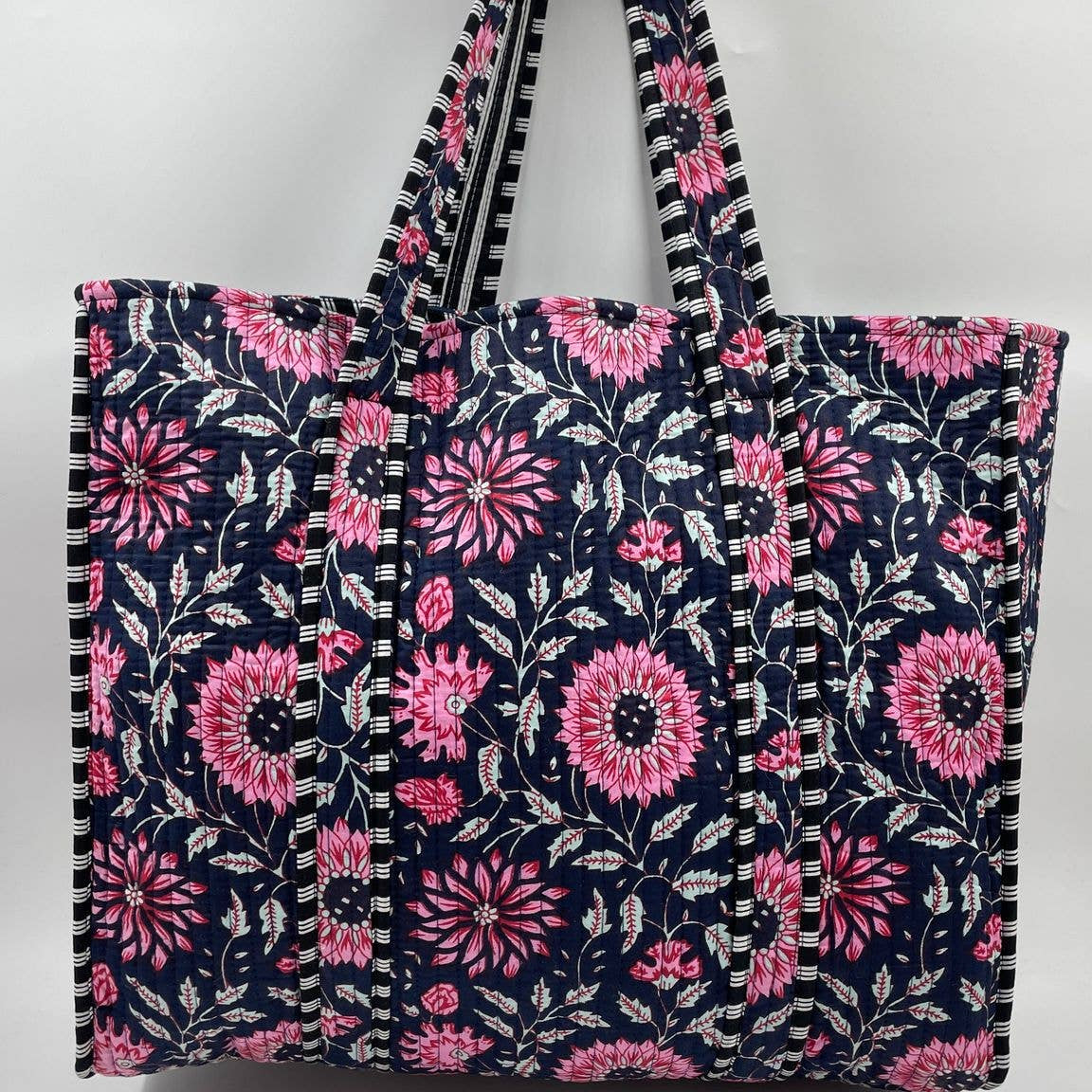 Black Tote with Pink and White Floral Design