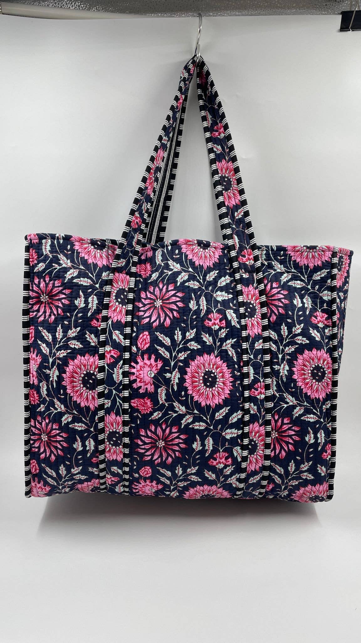 Black Tote with Pink and White Floral Design