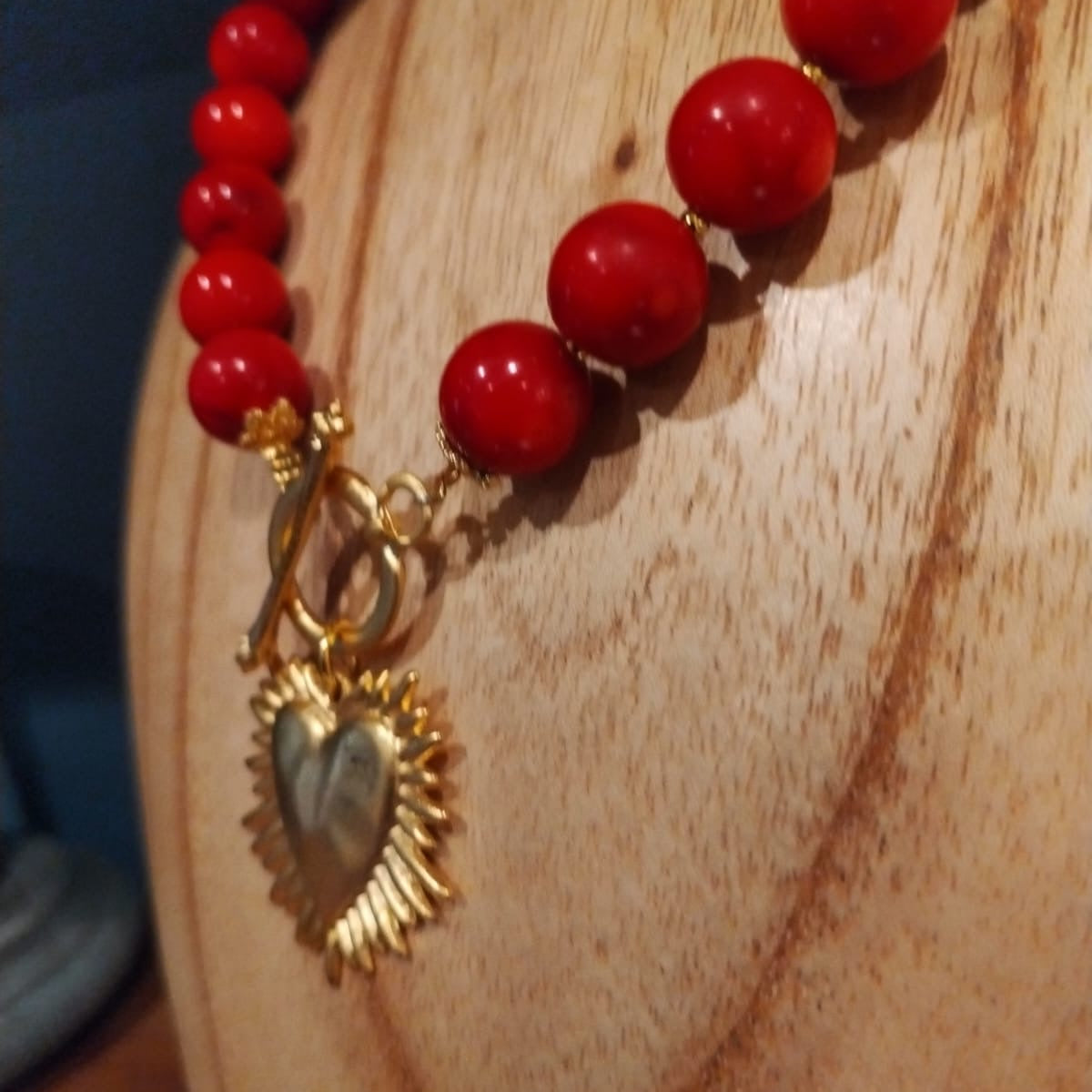 Large Bamboo Coral Beads - Gold Heart Charm