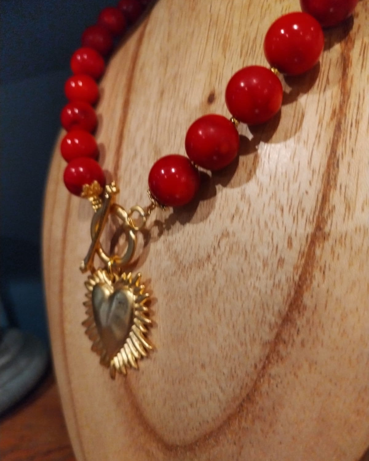 Large Bamboo Coral Beads - Gold Heart Charm