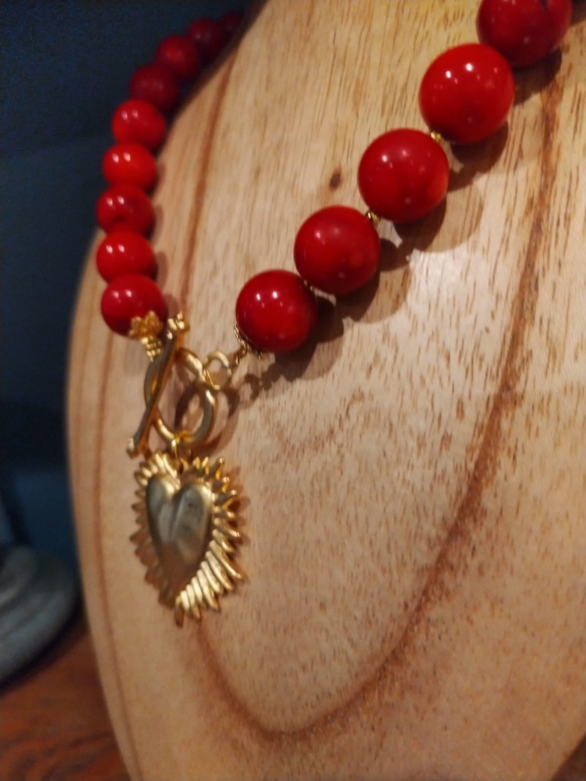 Large Bamboo Coral Beads - Gold Heart Charm