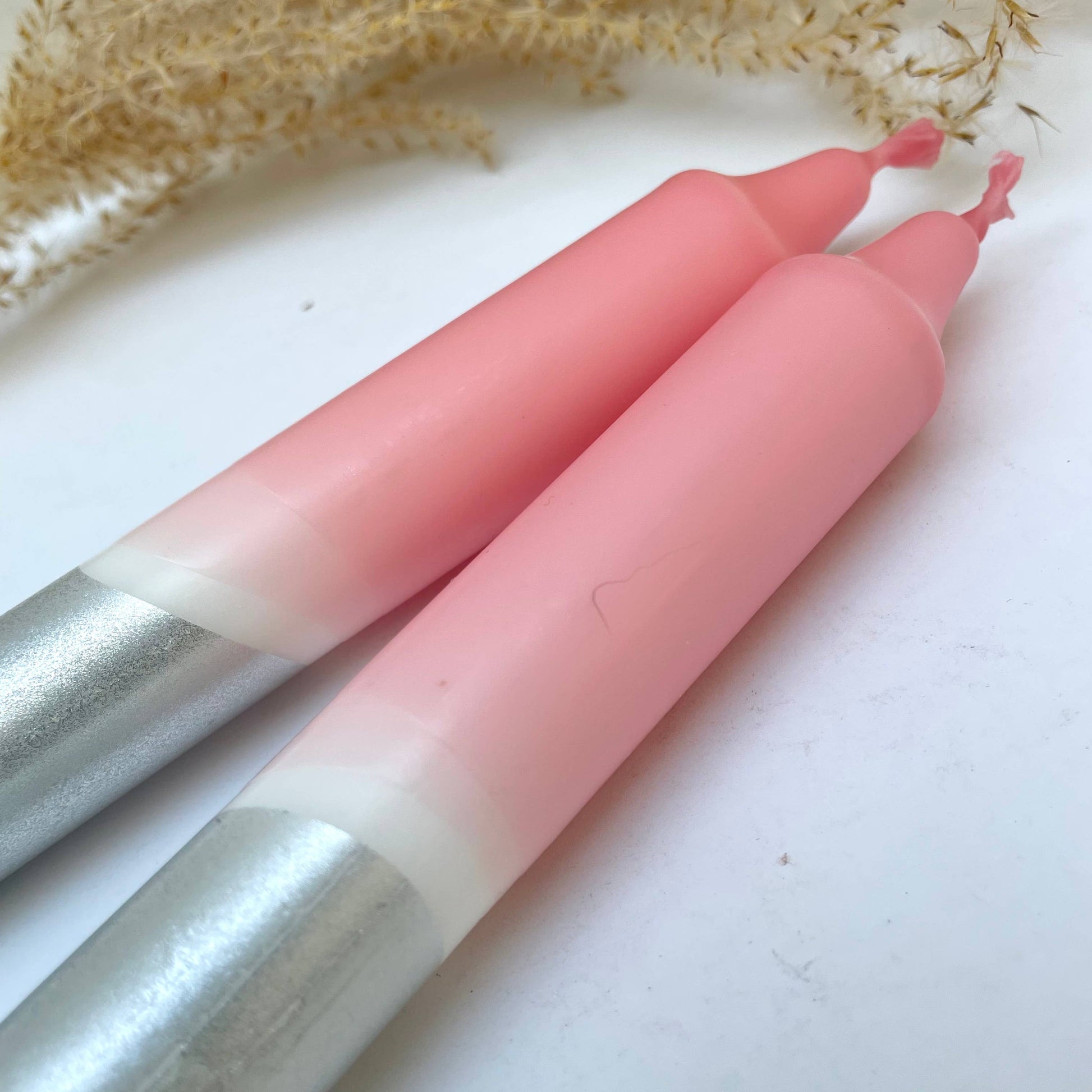 Sherbert Pink & Silver Dip Dyed Dinner Candles