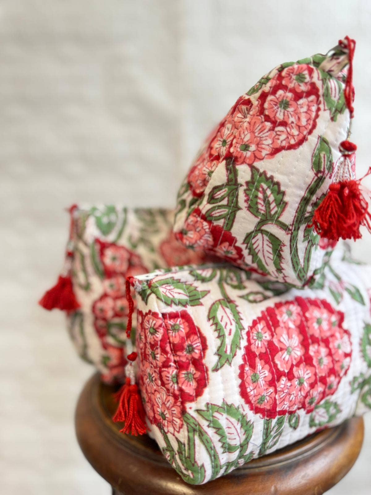 Red Hydrangea Quilted Wash Bag Set of Three