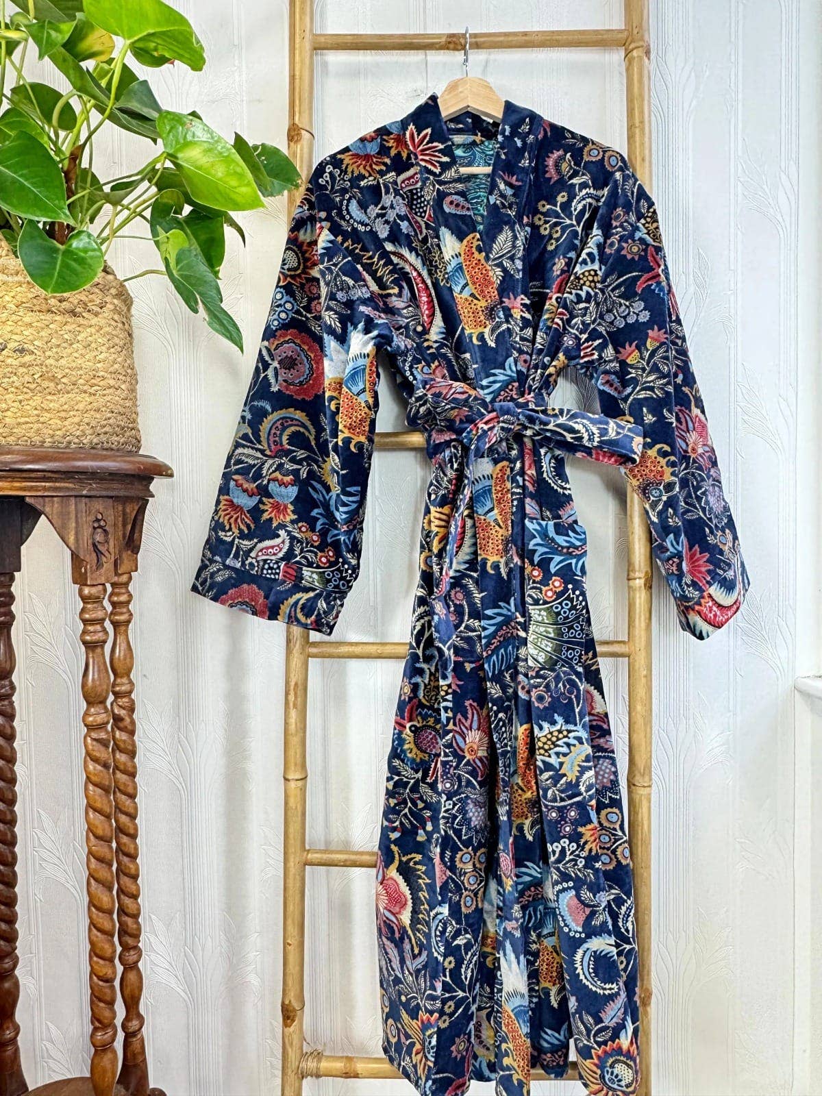 Deep Blue Luxurious Printed Velvet Robe, fully lined