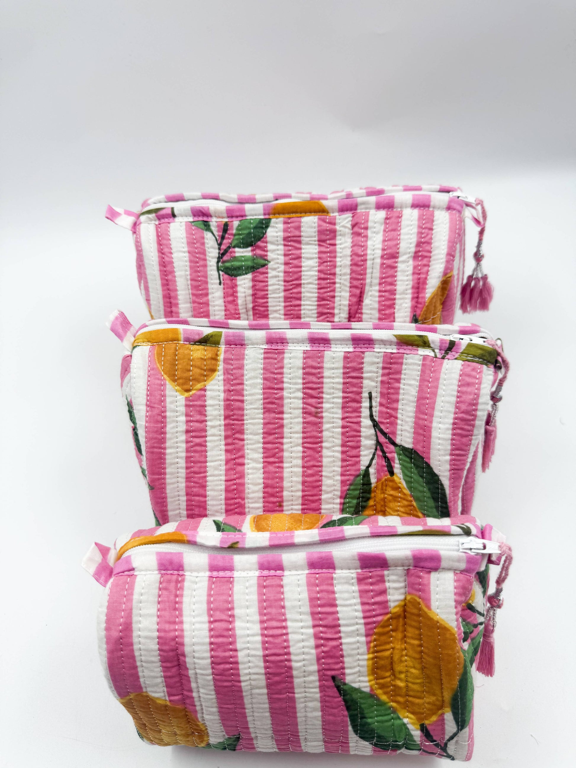 Set of Three Quilted Wash Bags with Pink Stripe and Lemon Print