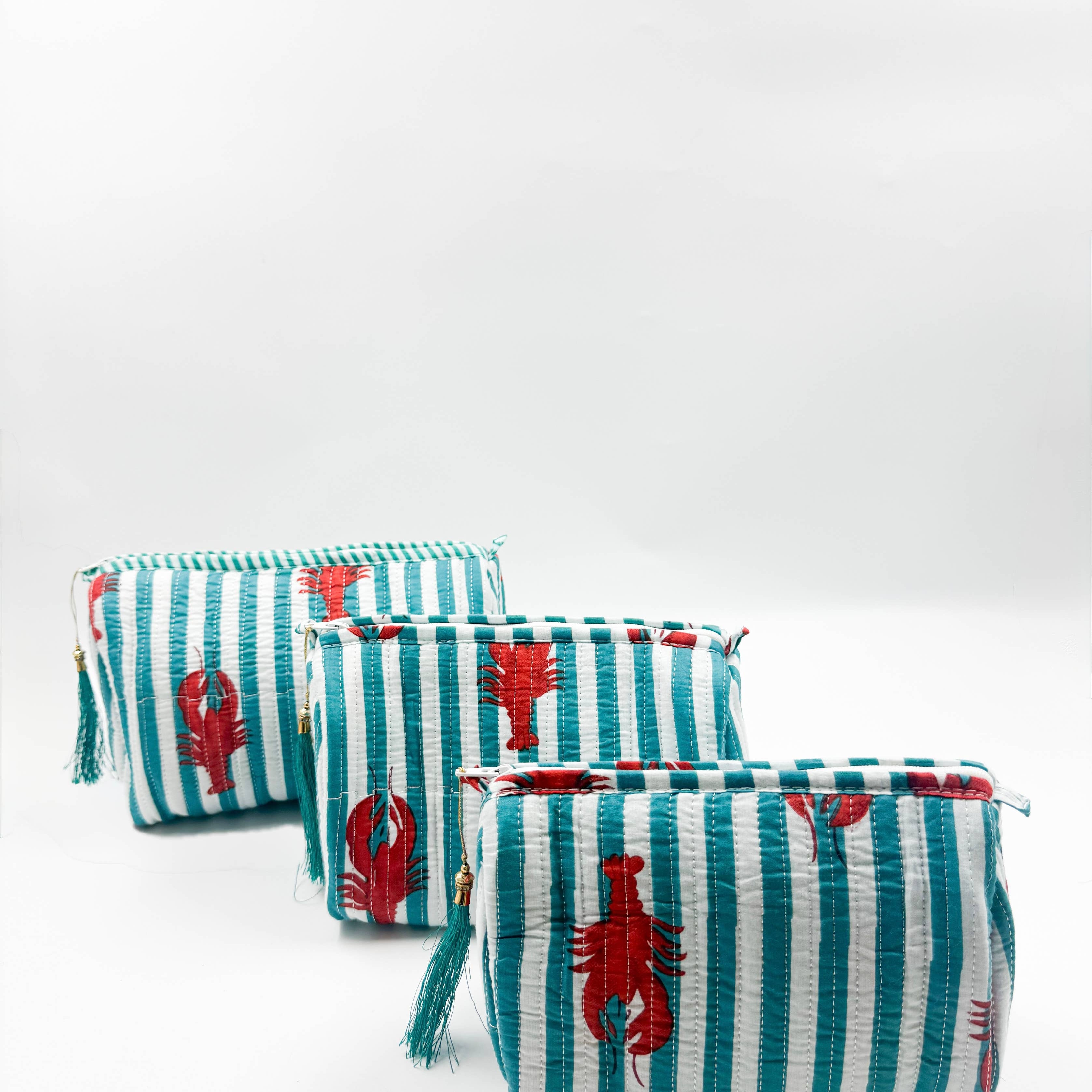 Set of Three Quilted Wash Bags with Turquoise & White Stripe Lobster Print
