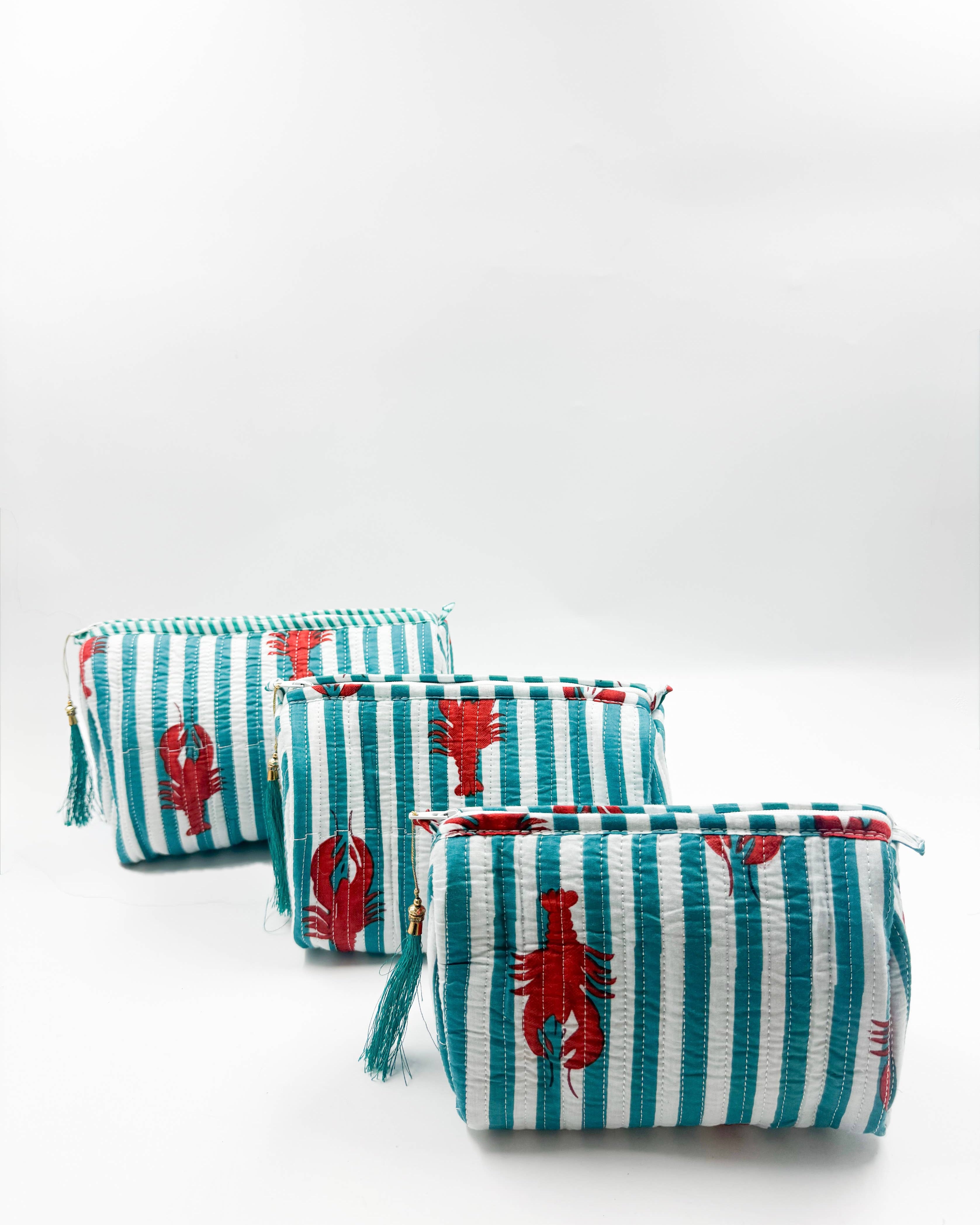 Set of Three Quilted Wash Bags with Turquoise & White Stripe Lobster Print