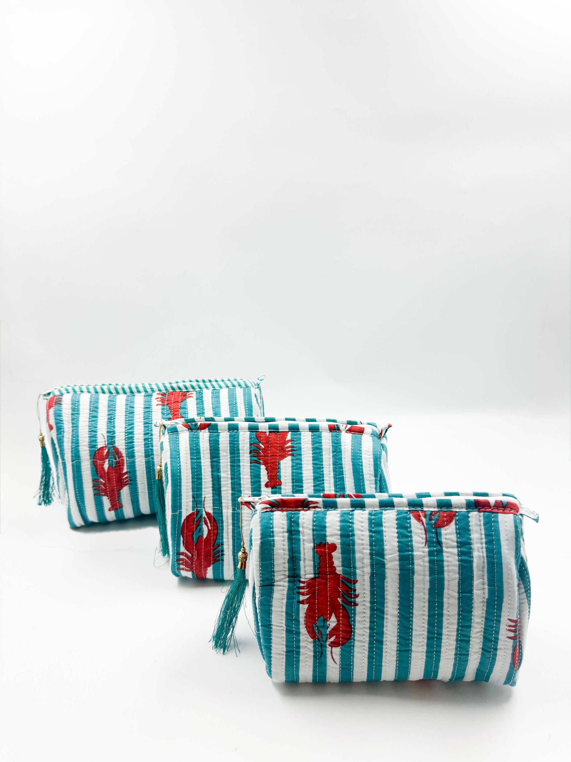 Set of Three Quilted Wash Bags with Turquoise & White Stripe Lobster Print