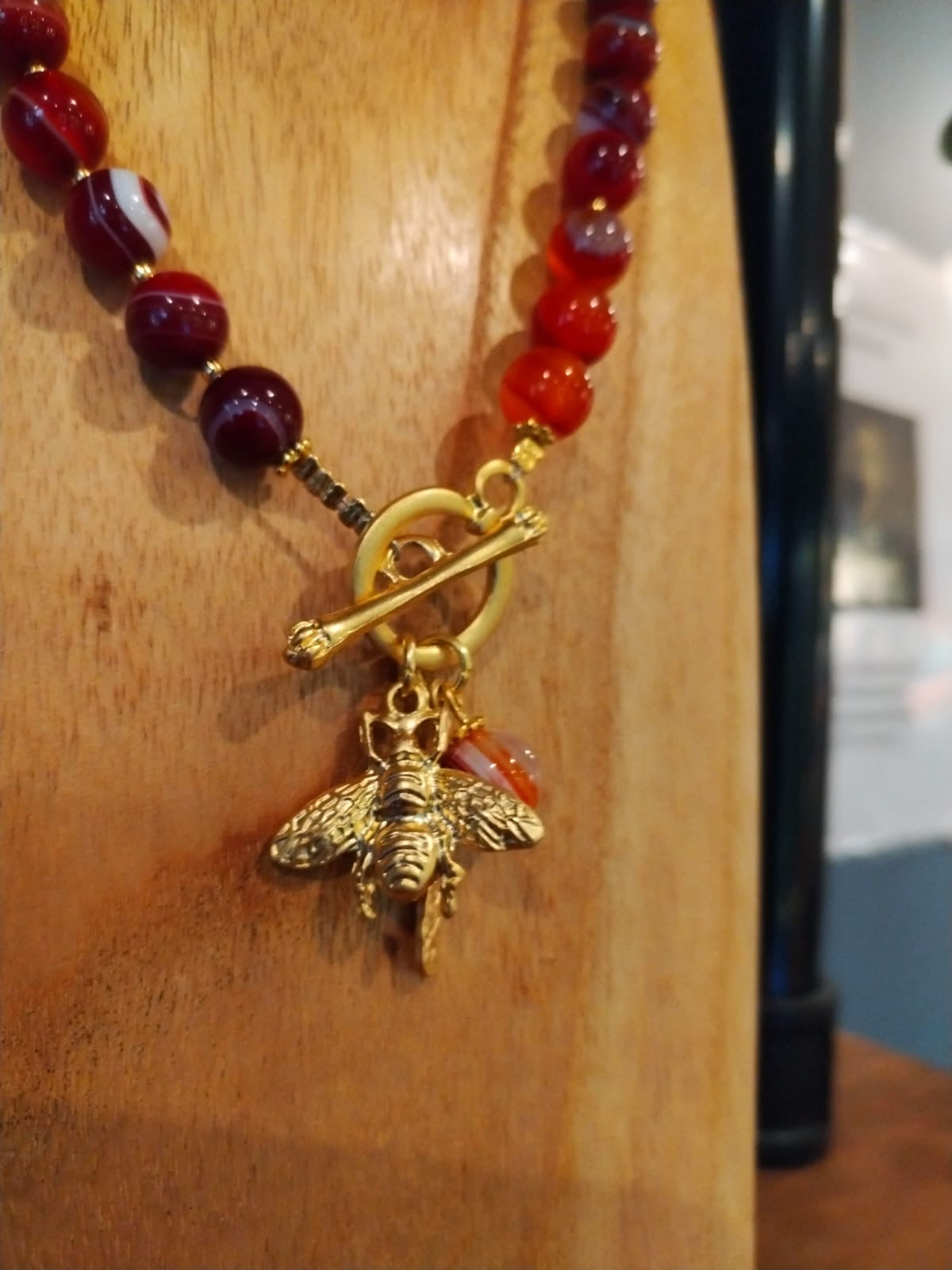 Red Banded Agate - Gold Bee Charm