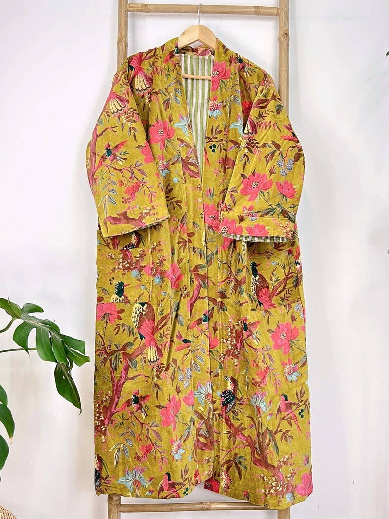 Luxury Velvet Robe Gold & Pink Exotic Birds Paradise