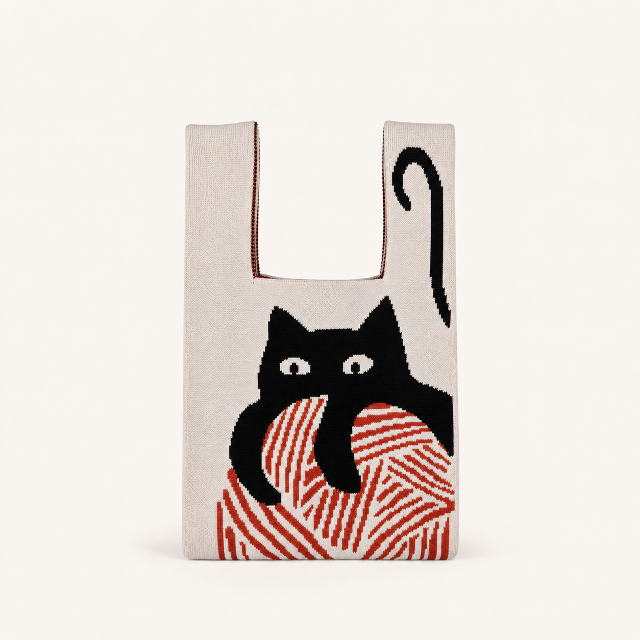 Cat Knitted Tote Bag with Red Yarn Ball