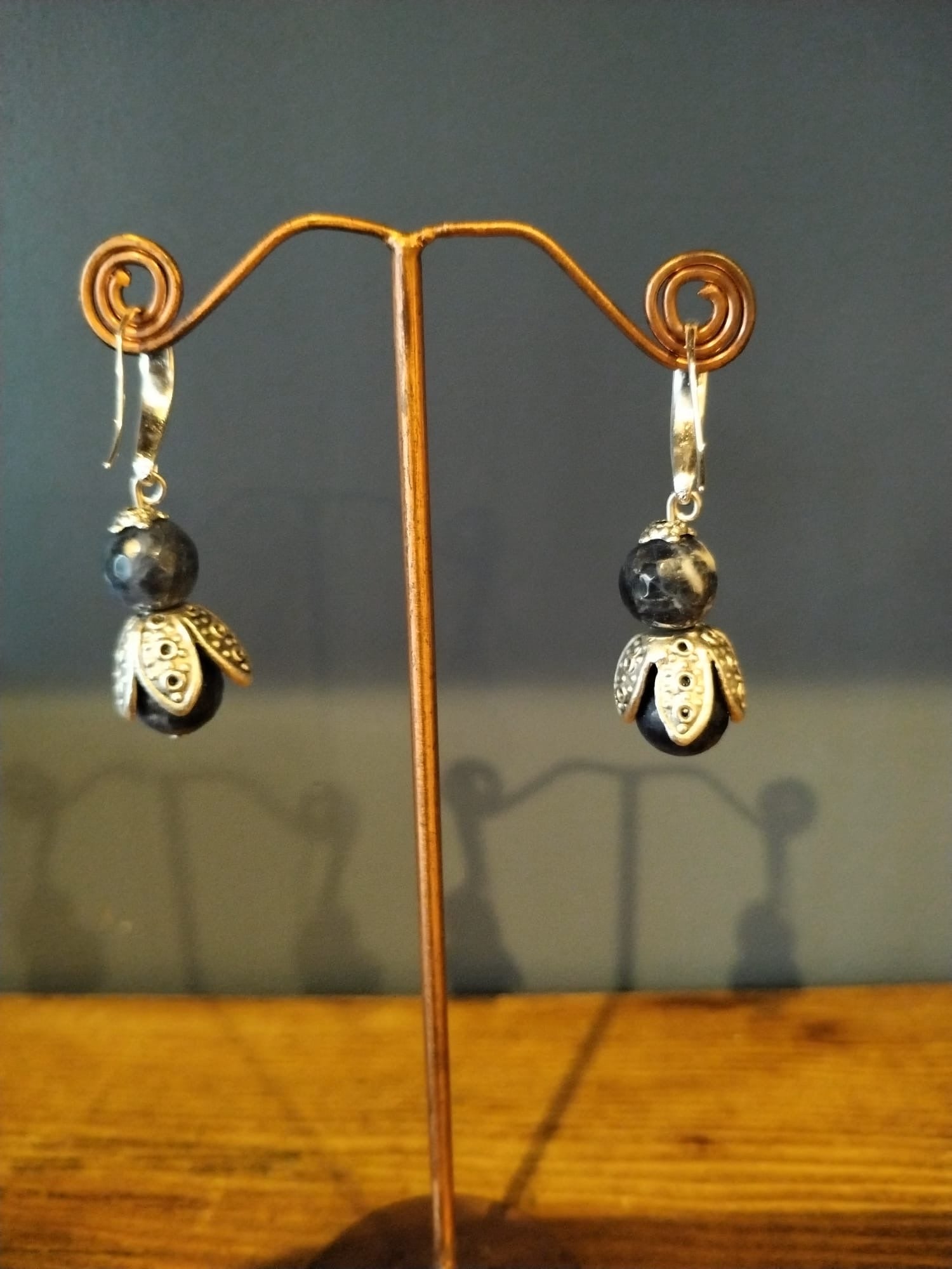 Black sodalite Drop Earrings With Silver Flower Bud Earrings