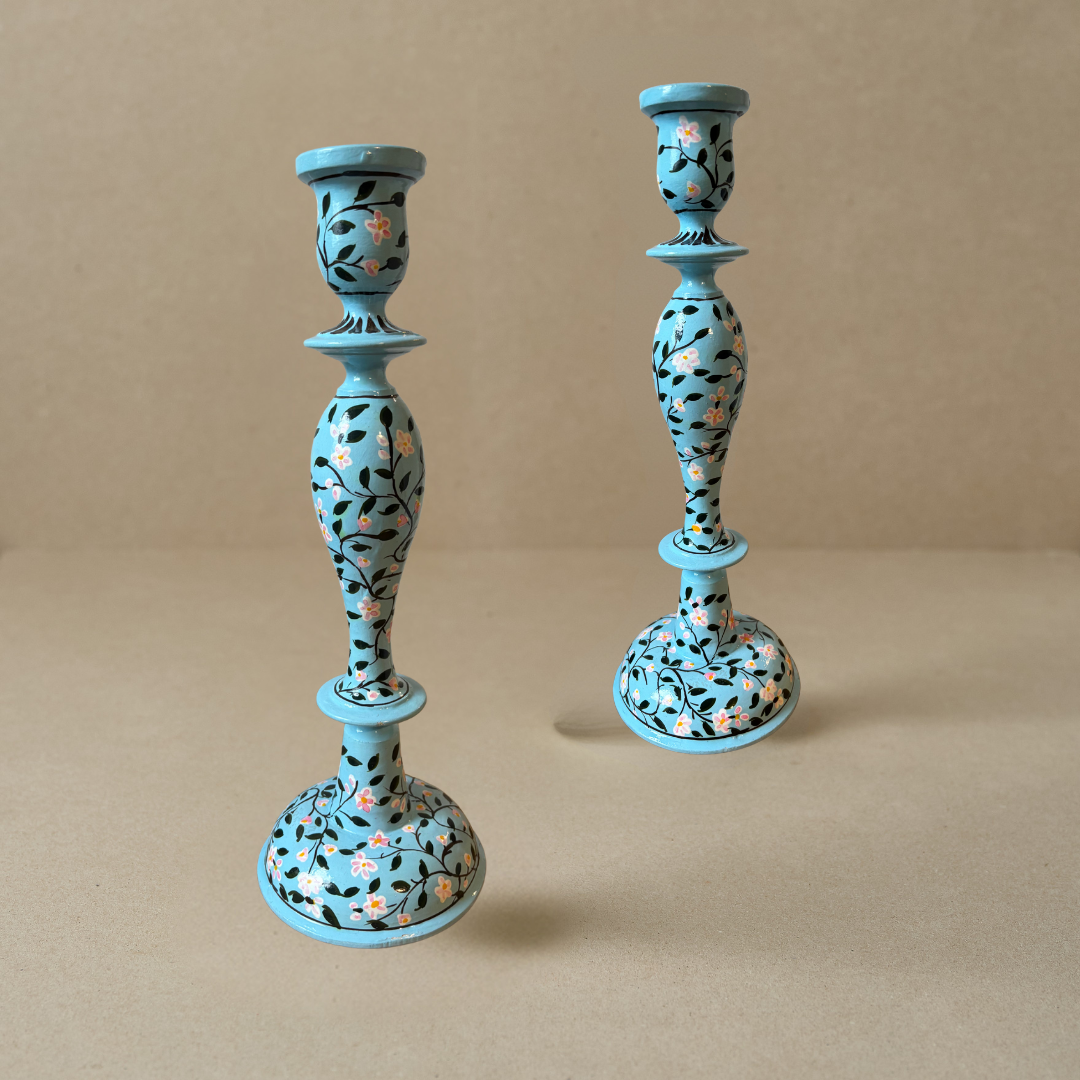 Wooden Candlestick Holder 12 Inch Pastel Blue And Pink Flowers