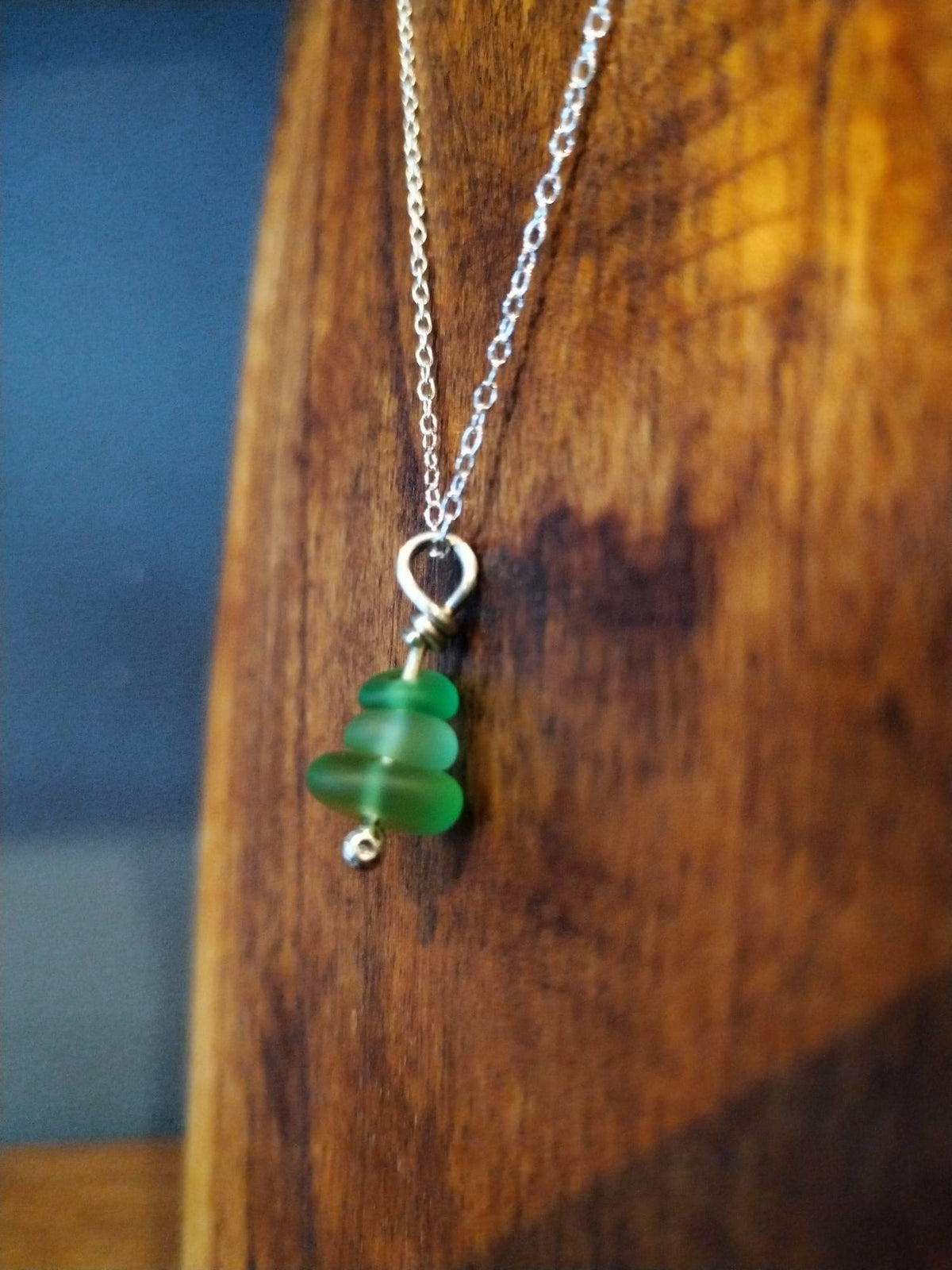 Green Sea Glass Necklace – Three Bead Sterling Silver Pendant