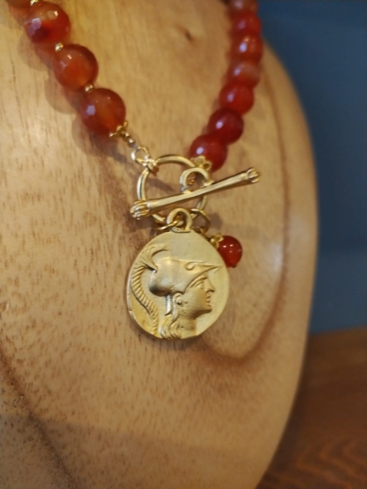 Carnelian Necklace with Gold Roman Coin Charm