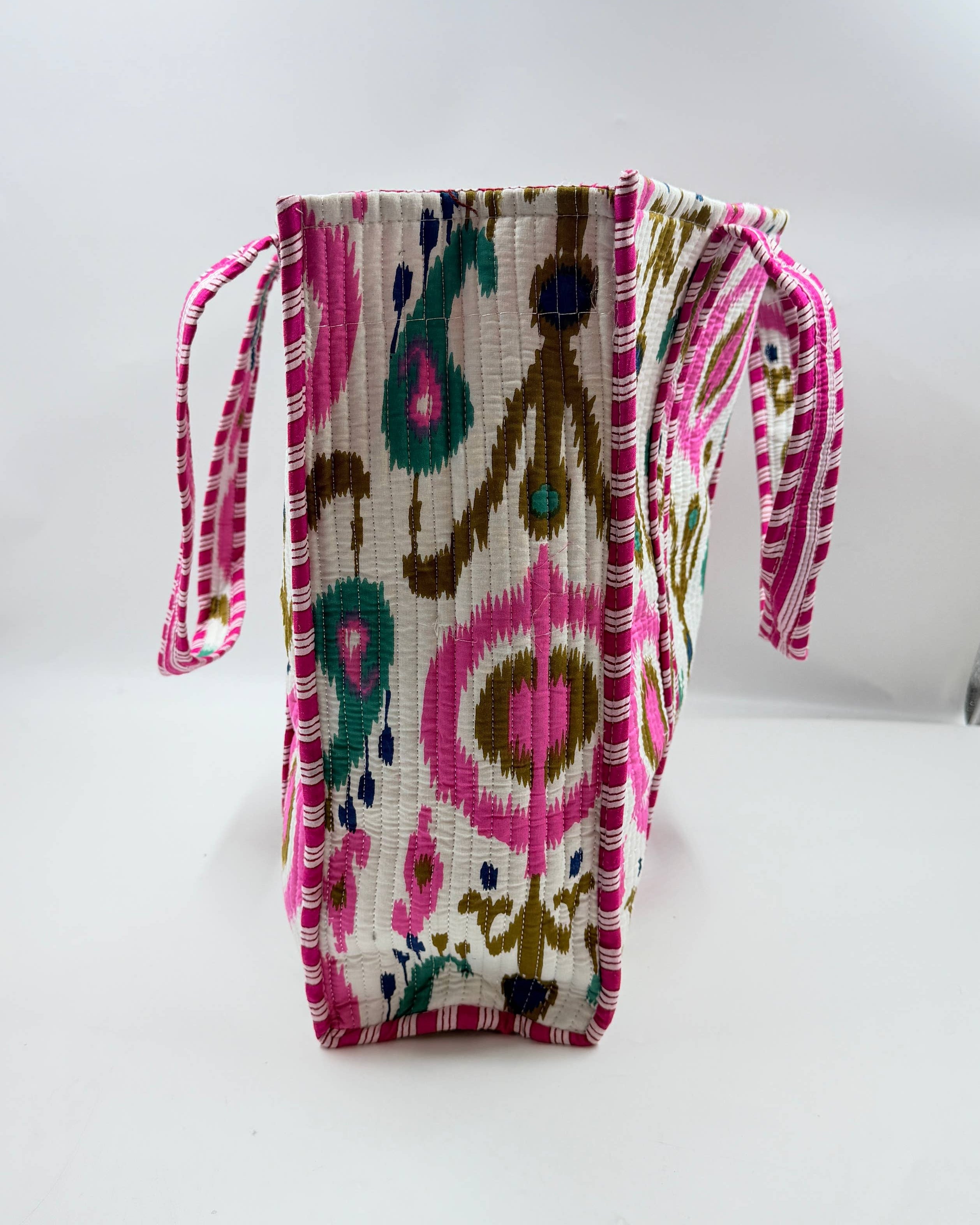 Pink Green and Blue Ikat on White Quilted Cotton Tote Bag