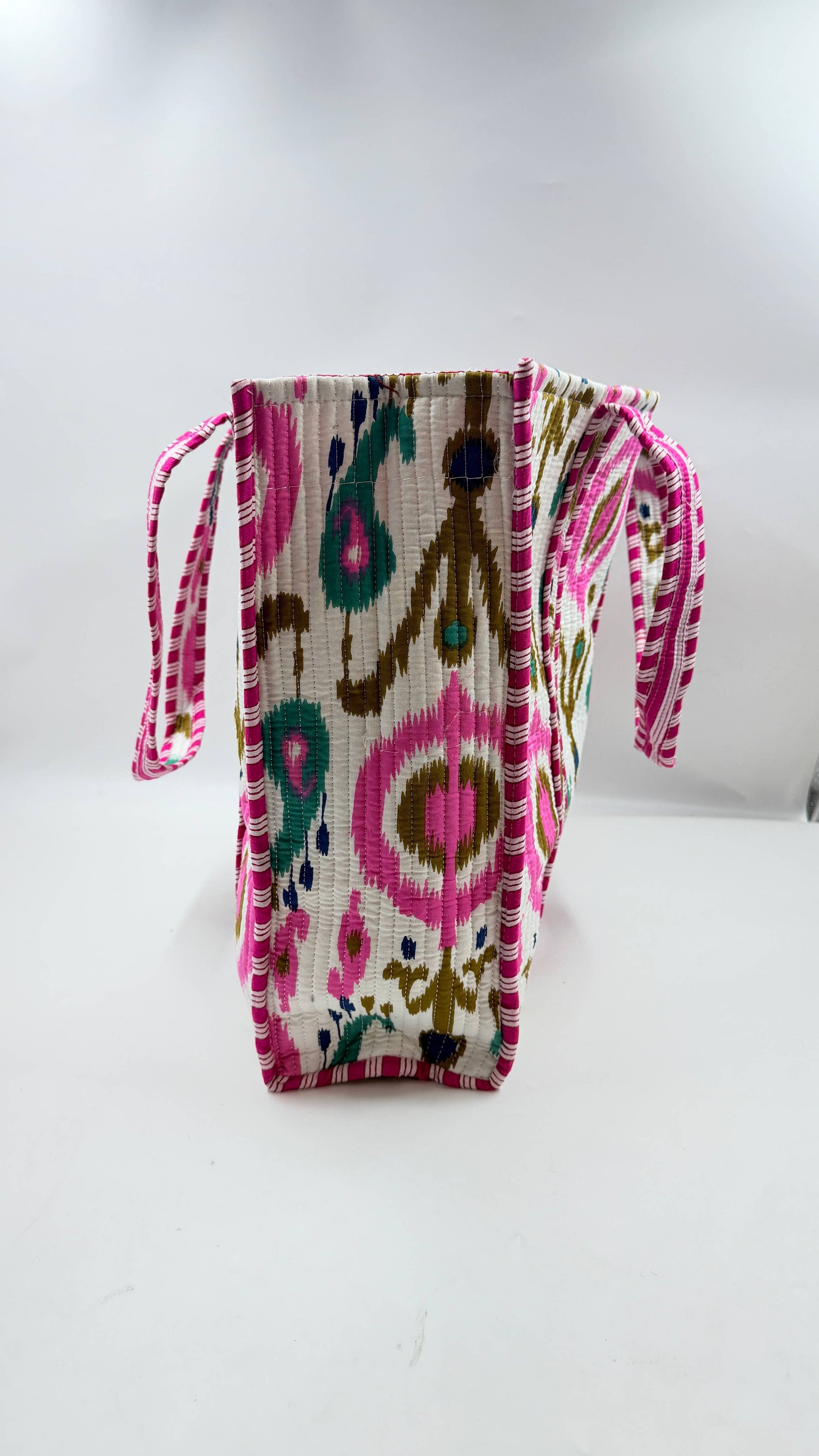 Pink Green and Blue Ikat on White Quilted Cotton Tote Bag