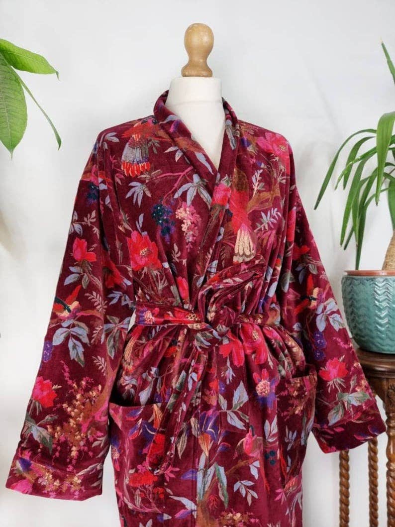 Wine red velvet kimono robe gift for her or him