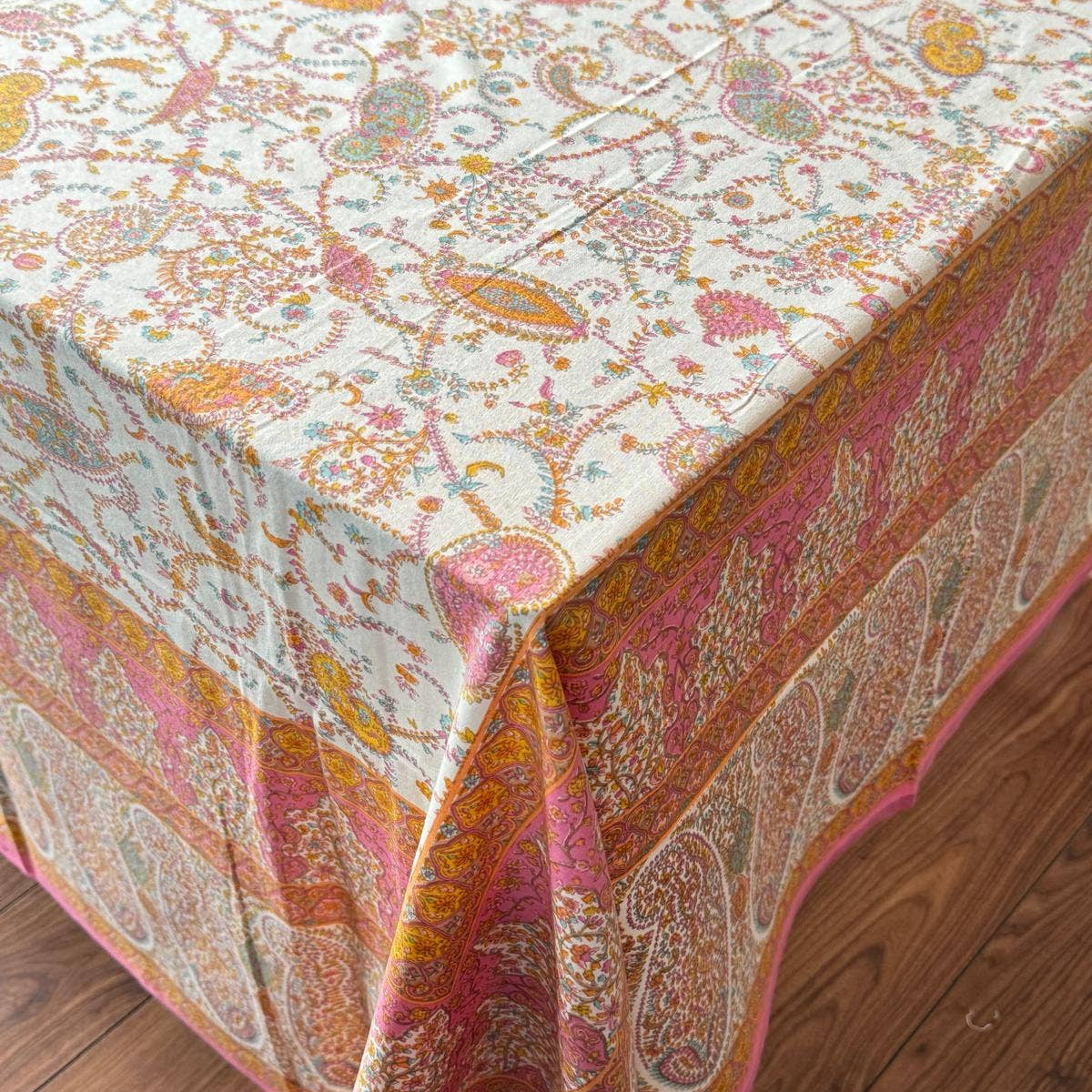 Cotton Summer Tablecloth in Cream Pink Paisley