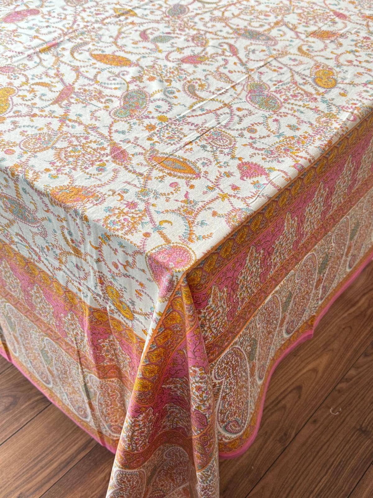 Cotton Summer Tablecloth in Cream Pink Paisley