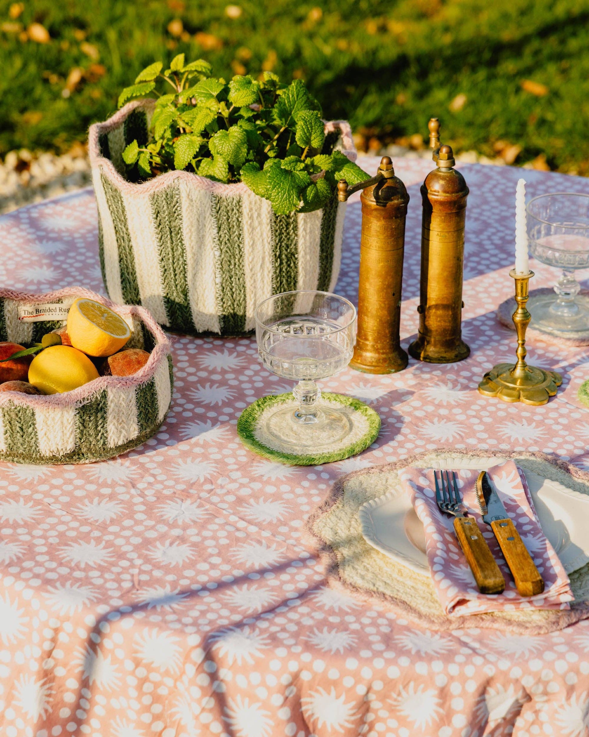 Sunburst Block Print Tablecloth Olive Green Cotton 180 x 280 cm