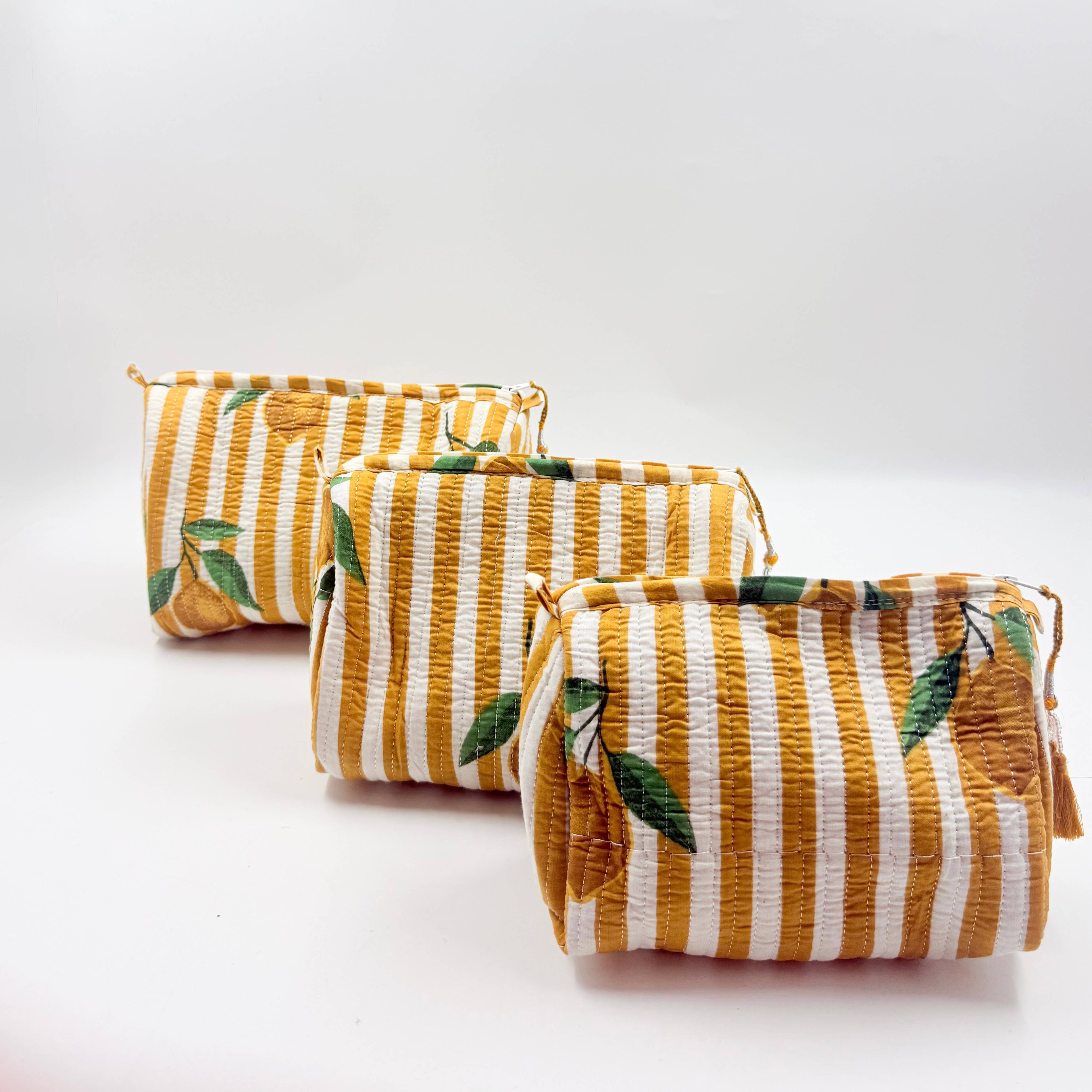 Set of Three Quilted Wash Bags with Lemon Stripe Print
