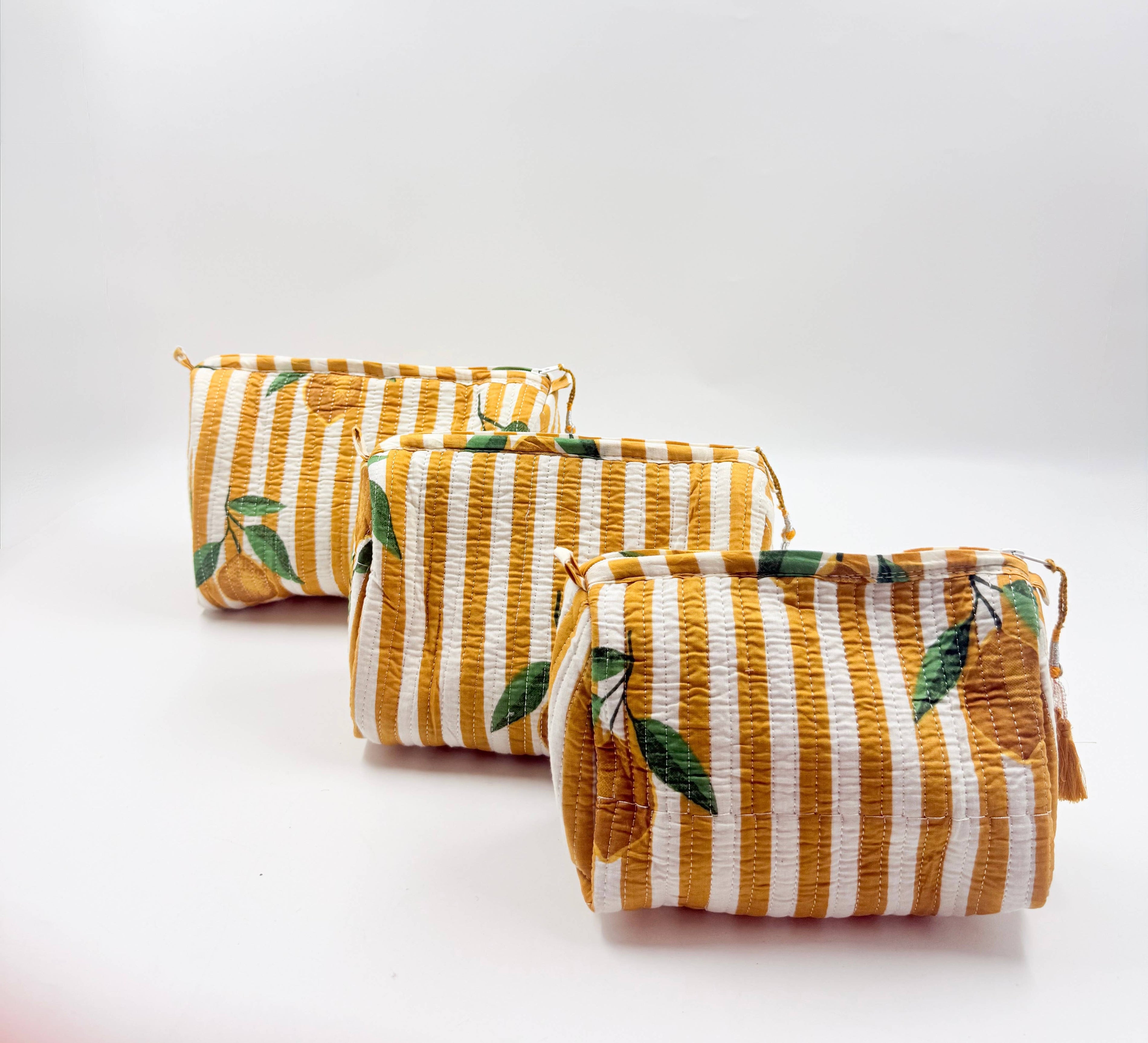 Set of Three Quilted Wash Bags with Lemon Stripe Print