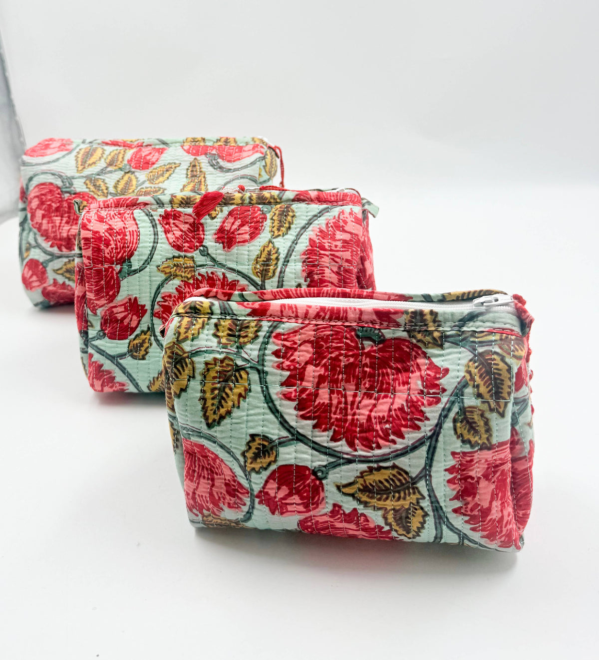 Set of Three Pink Floral Quilted Wash Bags