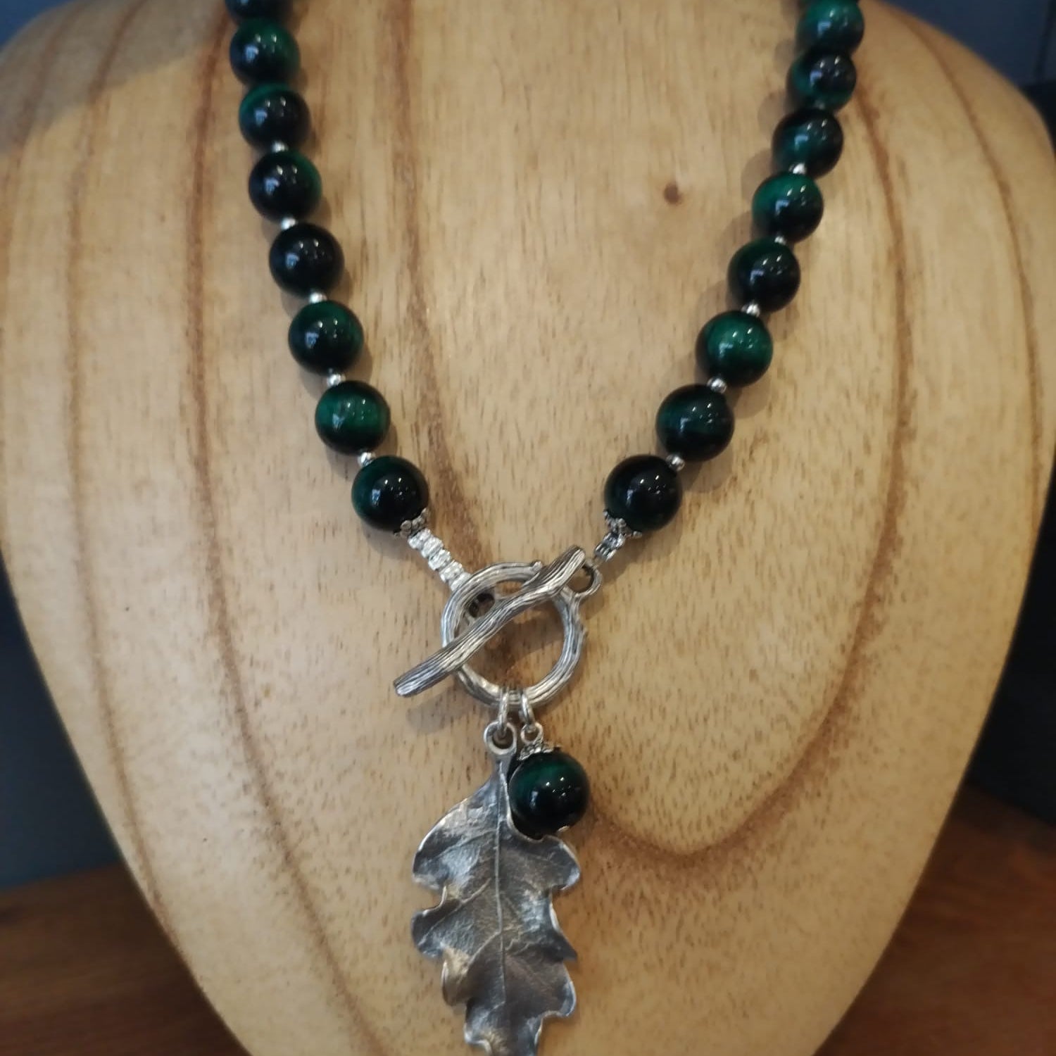 Green Tiger’s Eye Necklace with Silver Oak Leaf