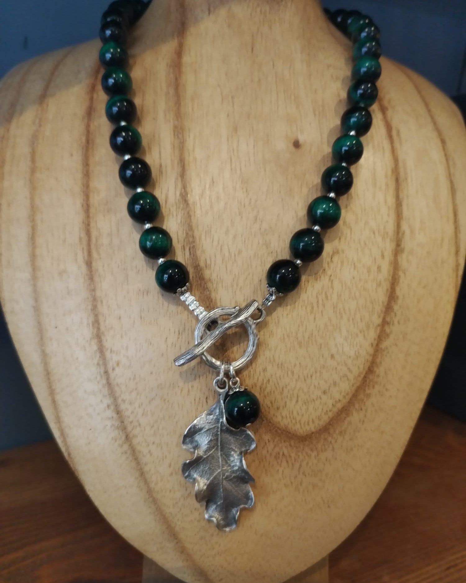 Green Tiger’s Eye Necklace with Silver Oak Leaf
