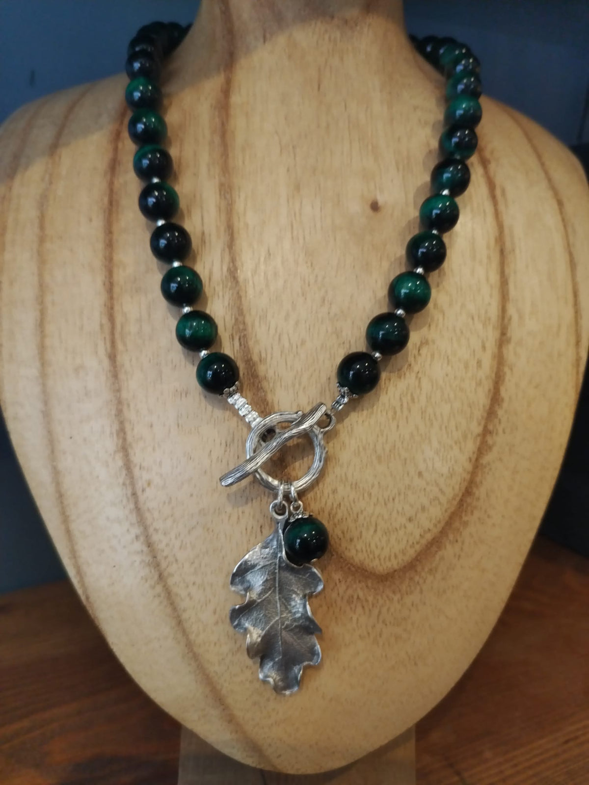 Green Tiger’s Eye Necklace with Silver Oak Leaf
