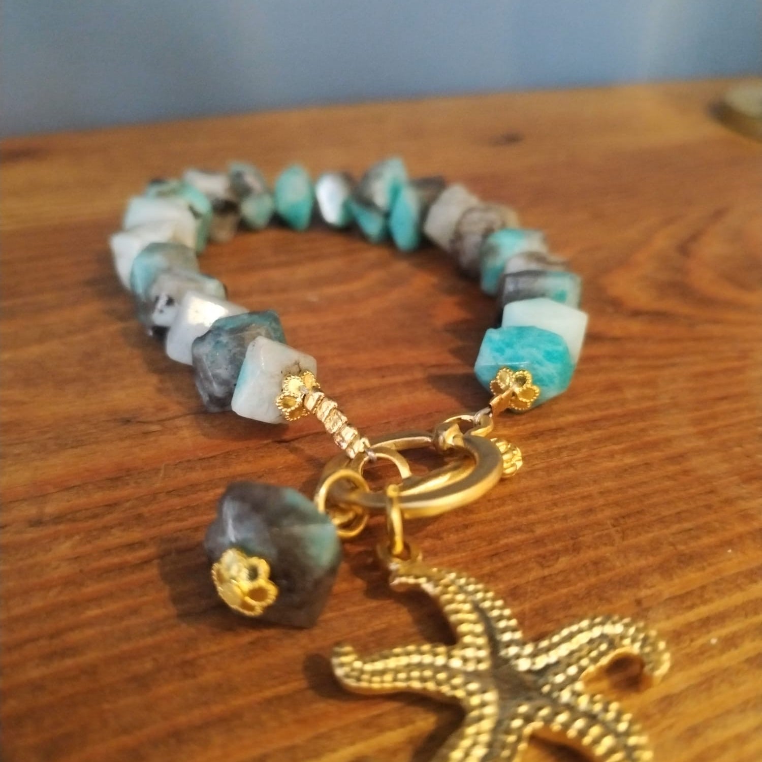Apatite Bracelet With Gold Starfish Charm Handmade in Bristol