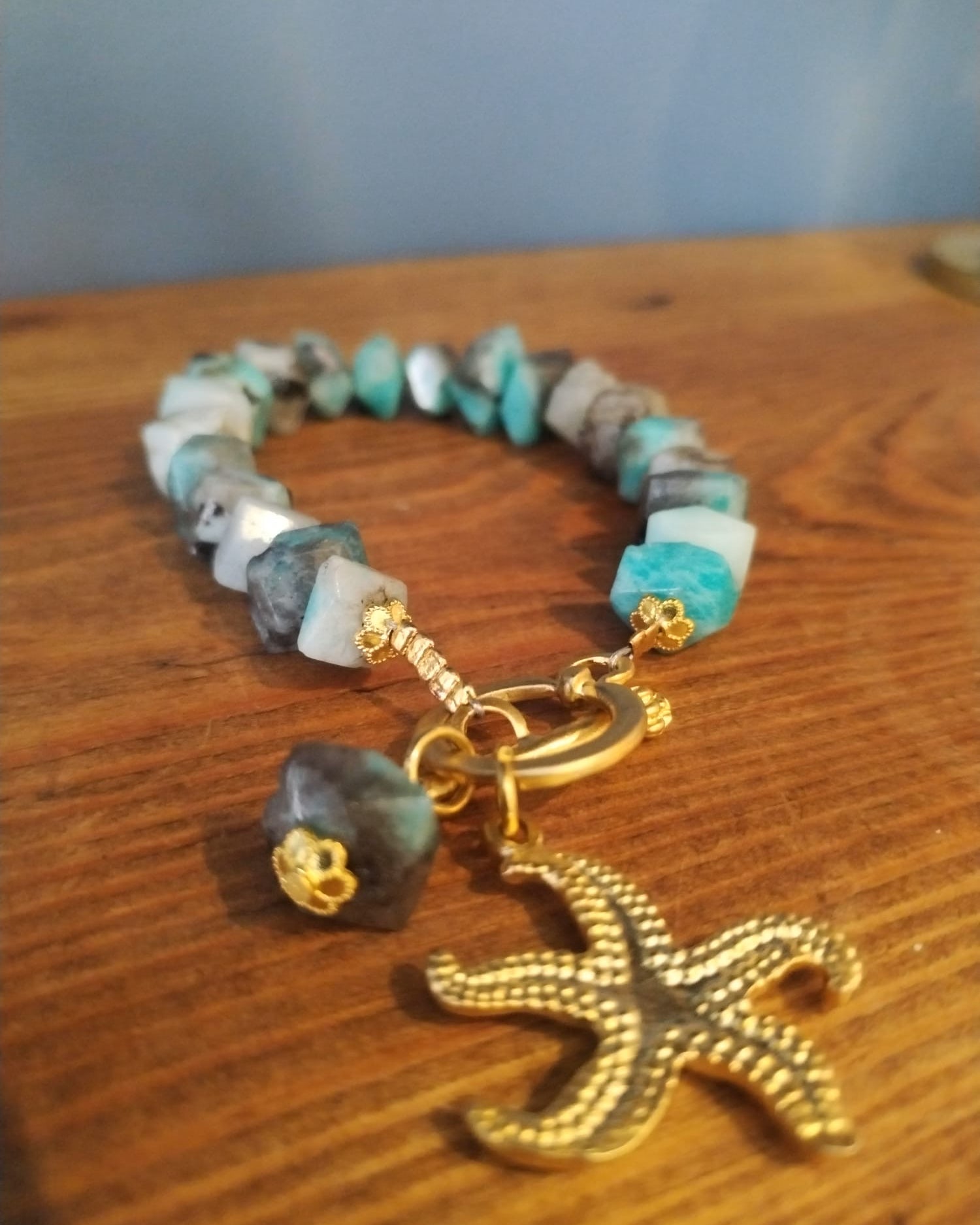 Apatite Bracelet With Gold Starfish Charm Handmade in Bristol
