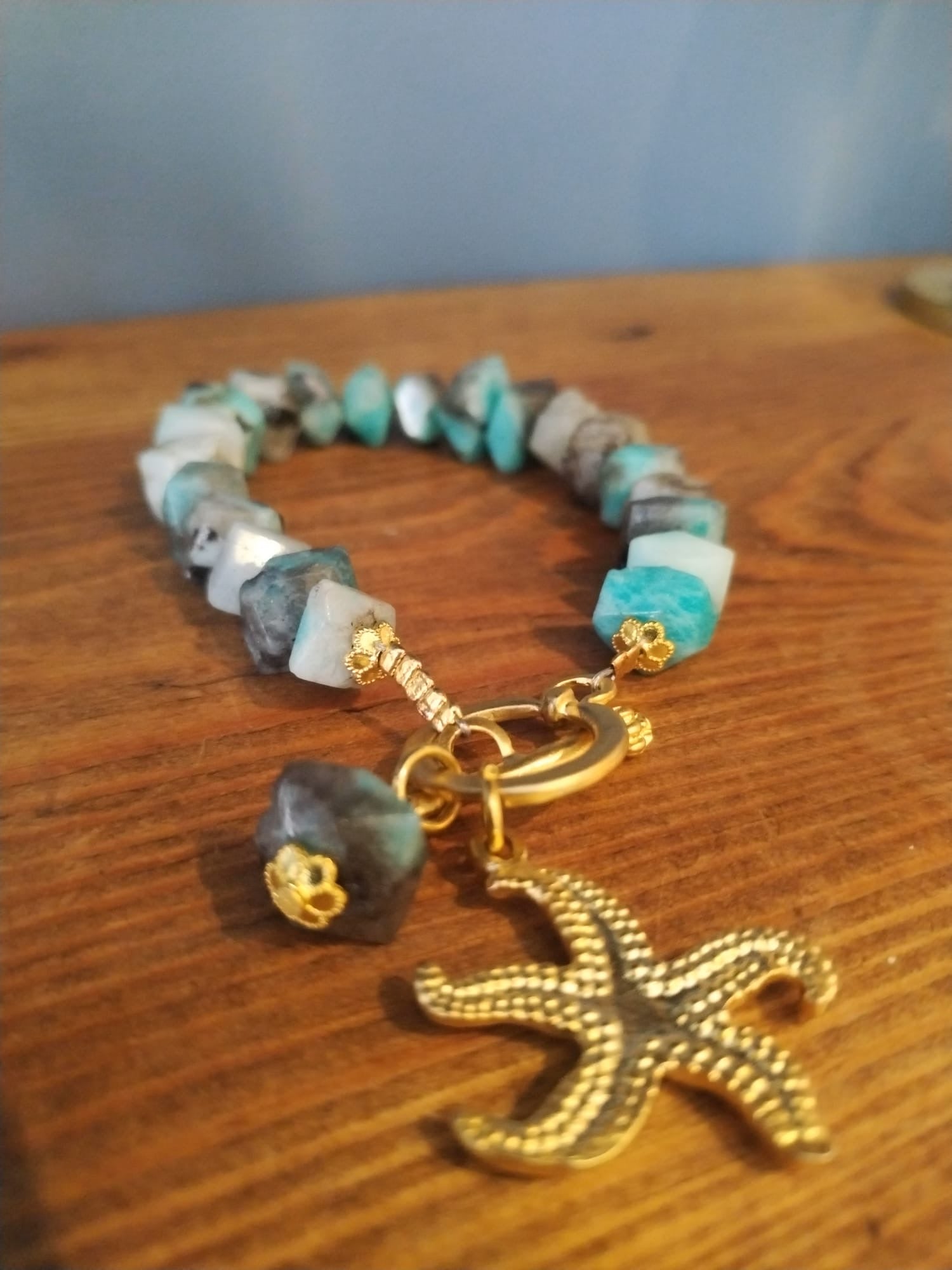 Apatite Bracelet With Gold Starfish Charm Handmade in Bristol
